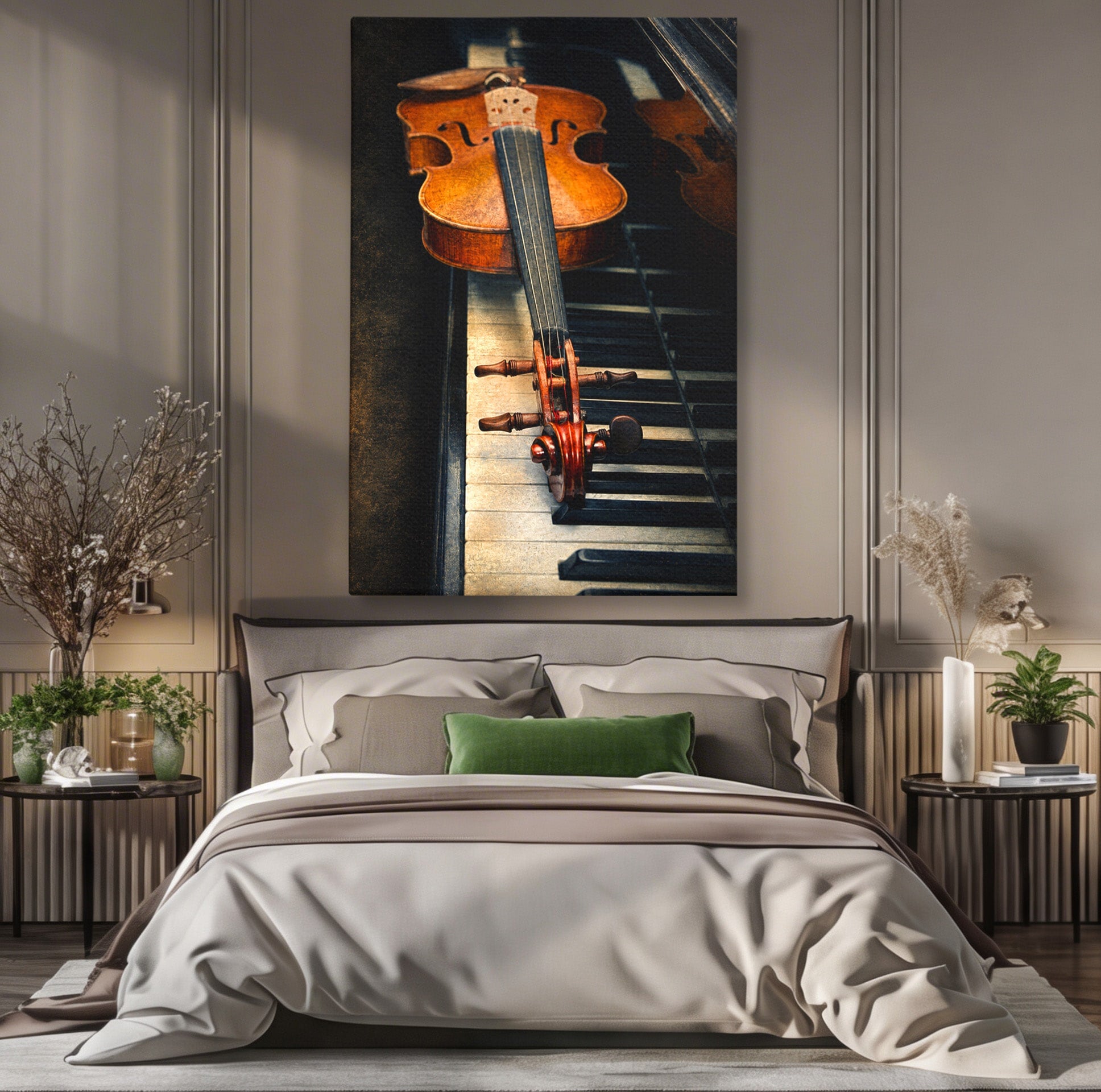 Tablou Canvas Premium LuxCanva® R1058, Vioara Pe Pian, Vioara, Pian, Muzica, Vintage, Living, Birou, Culori Vibrante