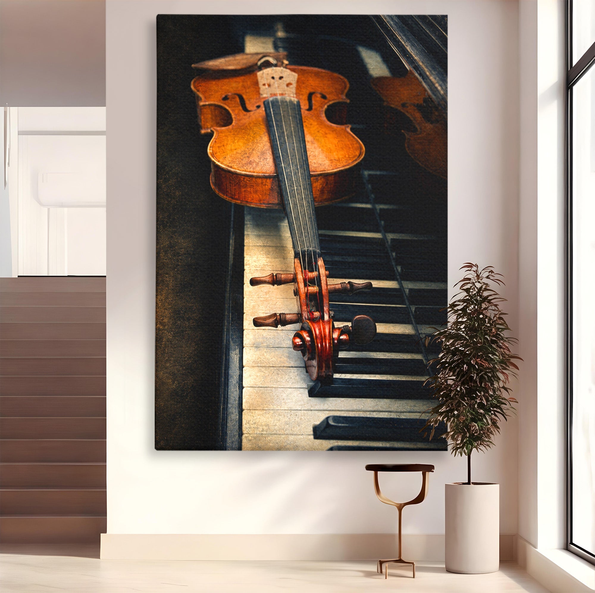 Tablou Canvas Premium LuxCanva® R1058, Vioara Pe Pian, Vioara, Pian, Muzica, Vintage, Living, Birou, Culori Vibrante