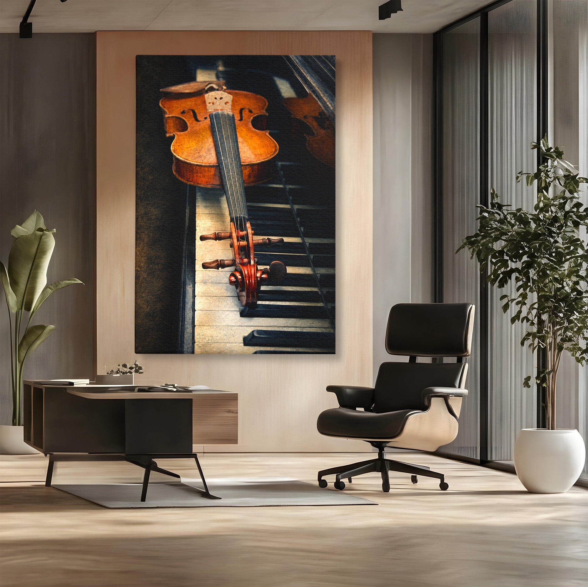 Tablou Canvas Premium LuxCanva® R1058, Vioara Pe Pian, Vioara, Pian, Muzica, Vintage, Living, Birou, Culori Vibrante