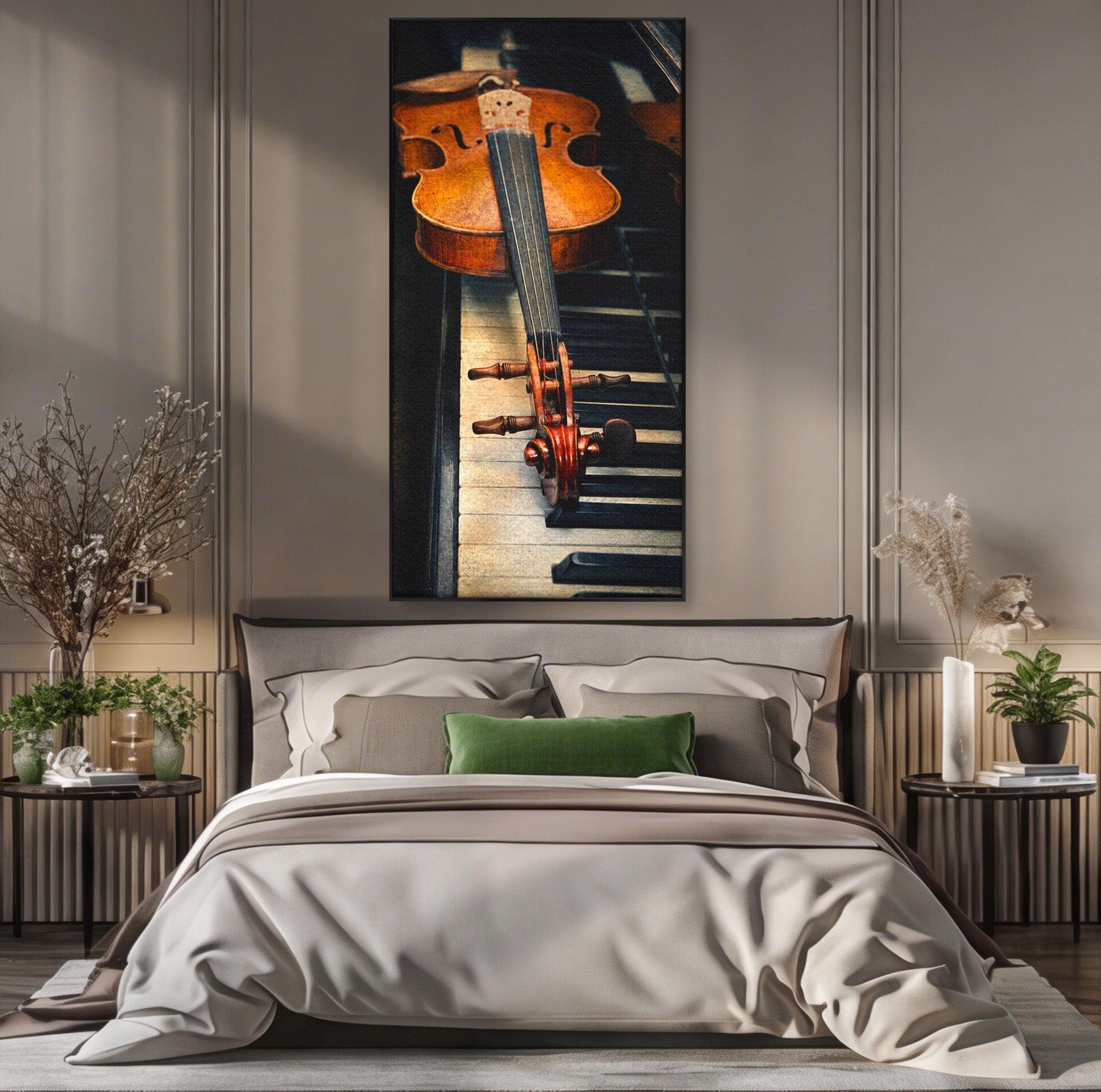 Tablou Canvas Premium LuxCanva® R1058, Vioara Pe Pian, Vioara, Pian, Muzica, Vintage, Living, Birou, Culori Vibrante
