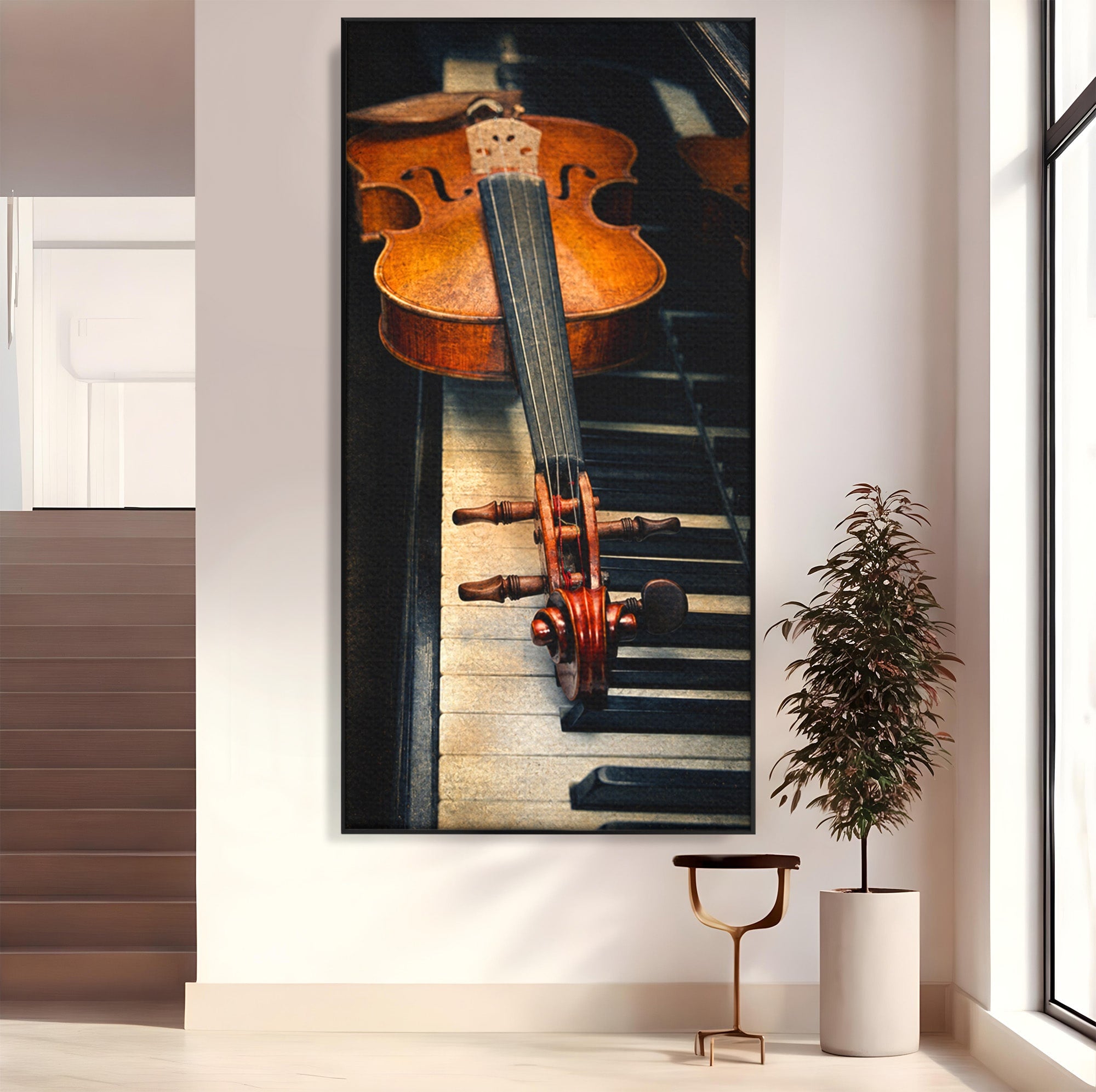 Tablou Canvas Premium LuxCanva® R1058, Vioara Pe Pian, Vioara, Pian, Muzica, Vintage, Living, Birou, Culori Vibrante