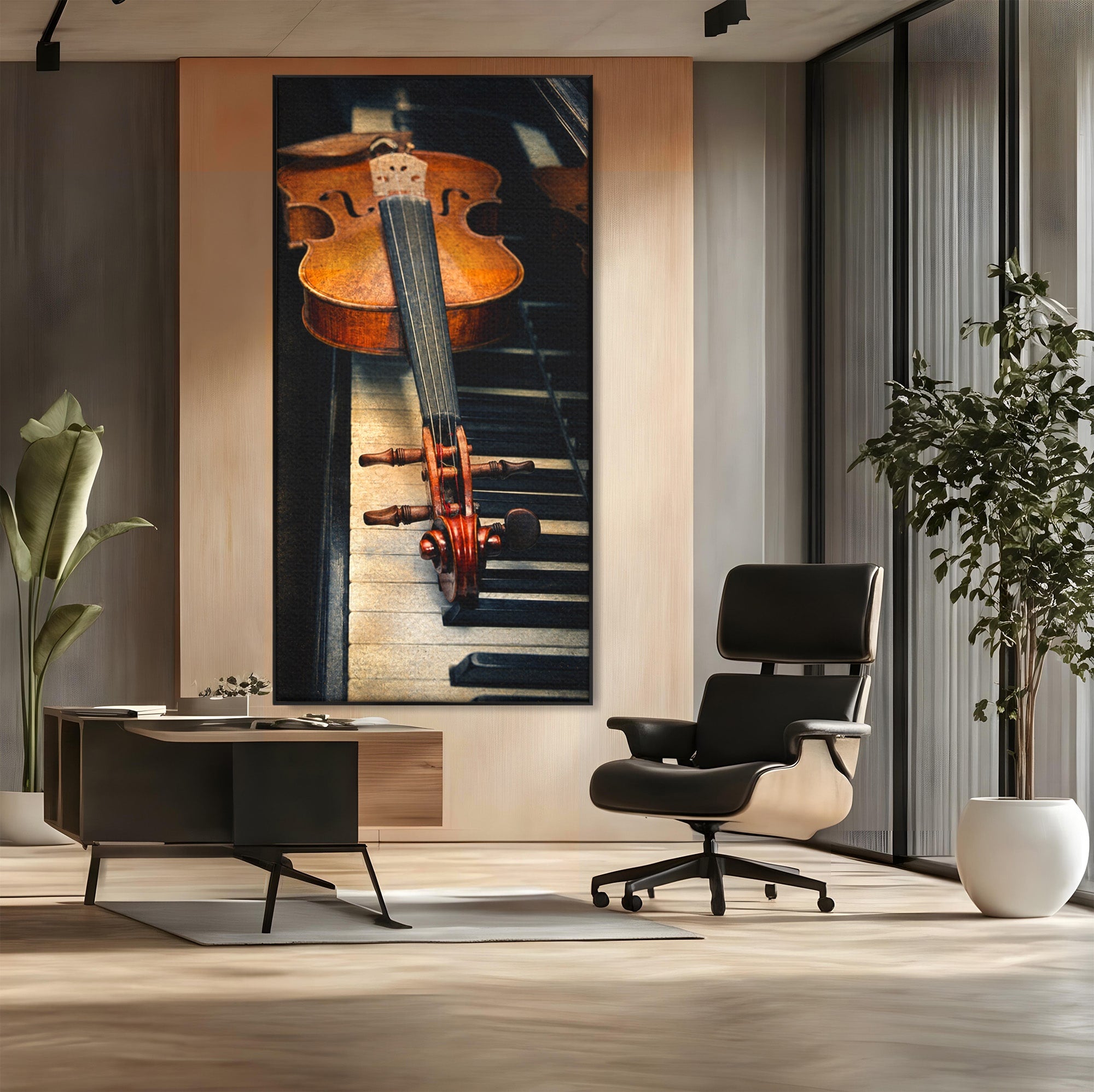 Tablou Canvas Premium LuxCanva® R1058, Vioara Pe Pian, Vioara, Pian, Muzica, Vintage, Living, Birou, Culori Vibrante