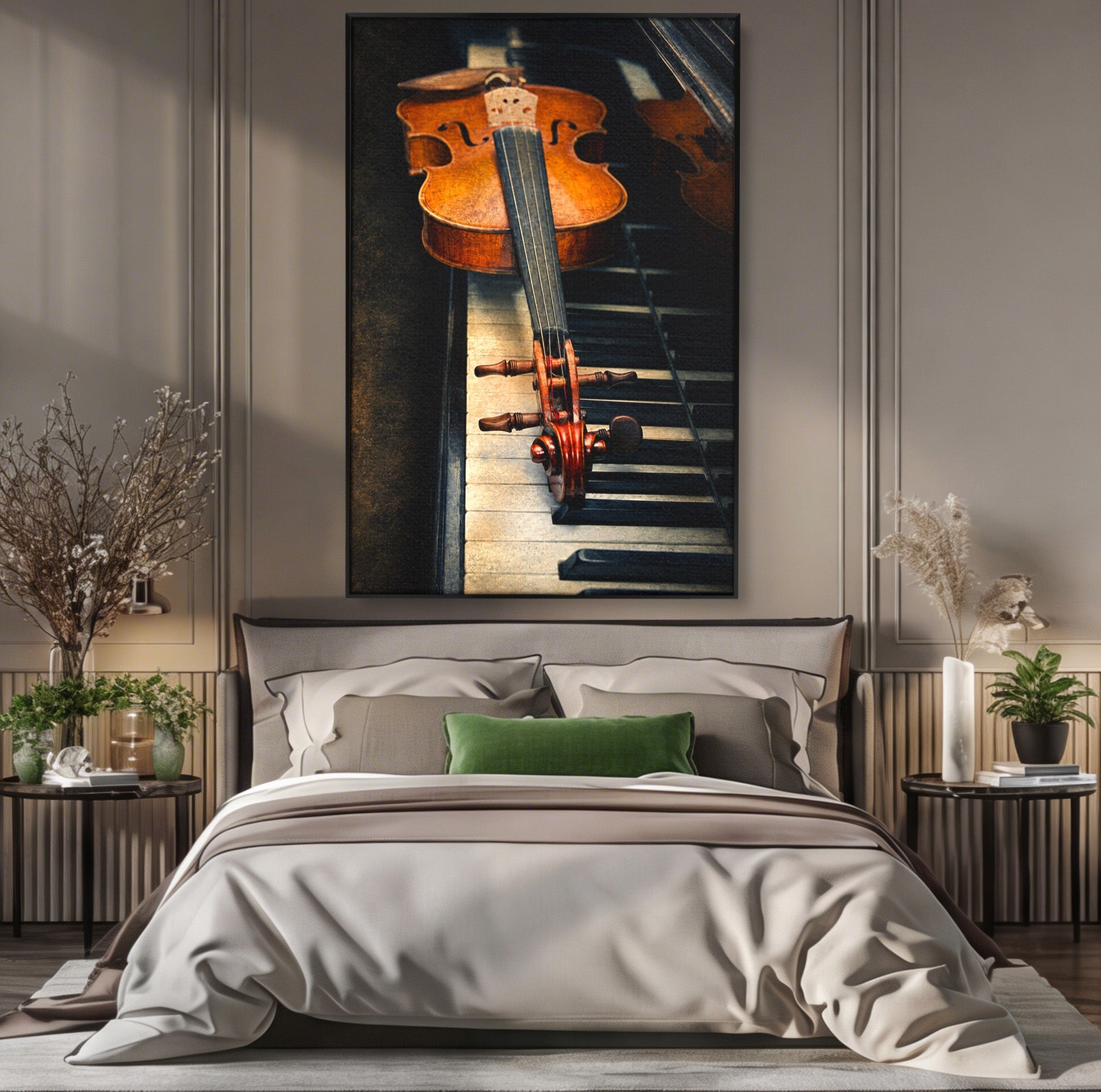 Tablou Canvas Premium LuxCanva® R1058, Vioara Pe Pian, Vioara, Pian, Muzica, Vintage, Living, Birou, Culori Vibrante