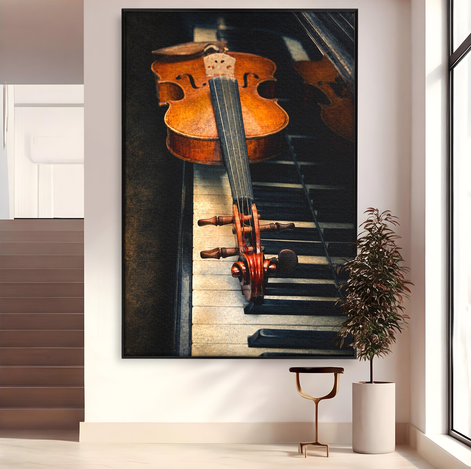 Tablou Canvas Premium LuxCanva® R1058, Vioara Pe Pian, Vioara, Pian, Muzica, Vintage, Living, Birou, Culori Vibrante