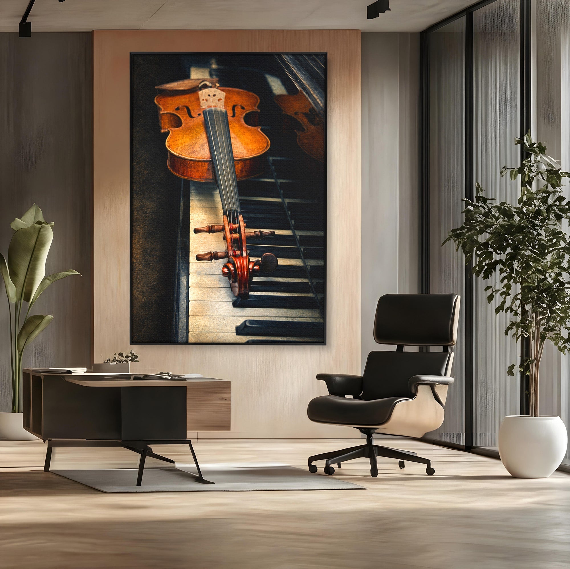 Tablou Canvas Premium LuxCanva® R1058, Vioara Pe Pian, Vioara, Pian, Muzica, Vintage, Living, Birou, Culori Vibrante