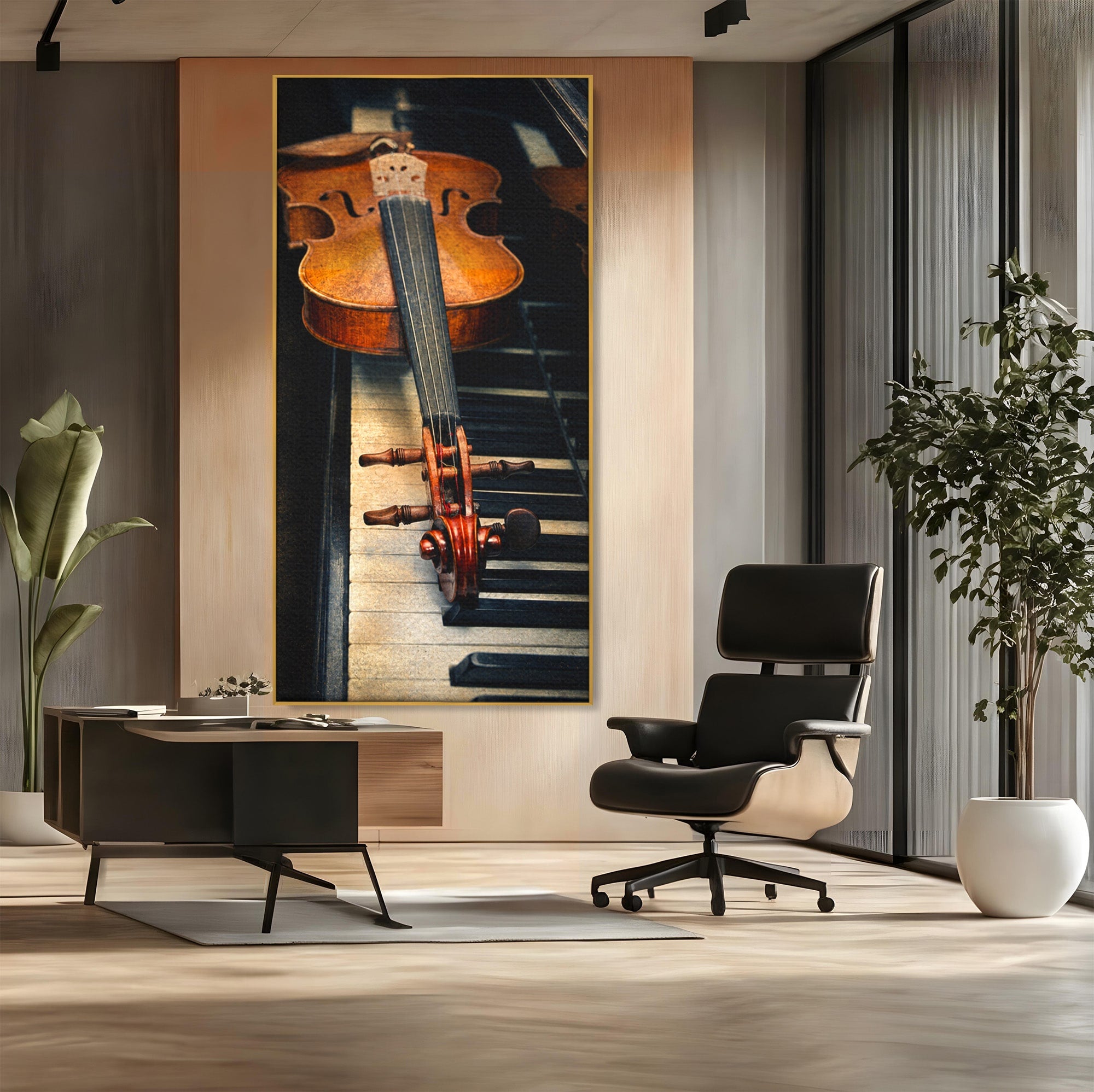Tablou Canvas Premium LuxCanva® R1058, Vioara Pe Pian, Vioara, Pian, Muzica, Vintage, Living, Birou, Culori Vibrante