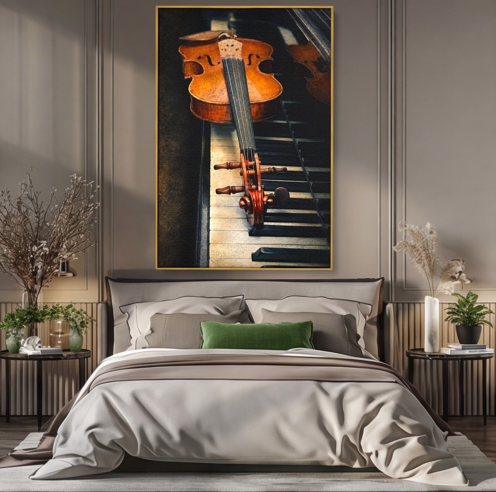 Tablou Canvas Premium LuxCanva® R1058, Vioara Pe Pian, Vioara, Pian, Muzica, Vintage, Living, Birou, Culori Vibrante