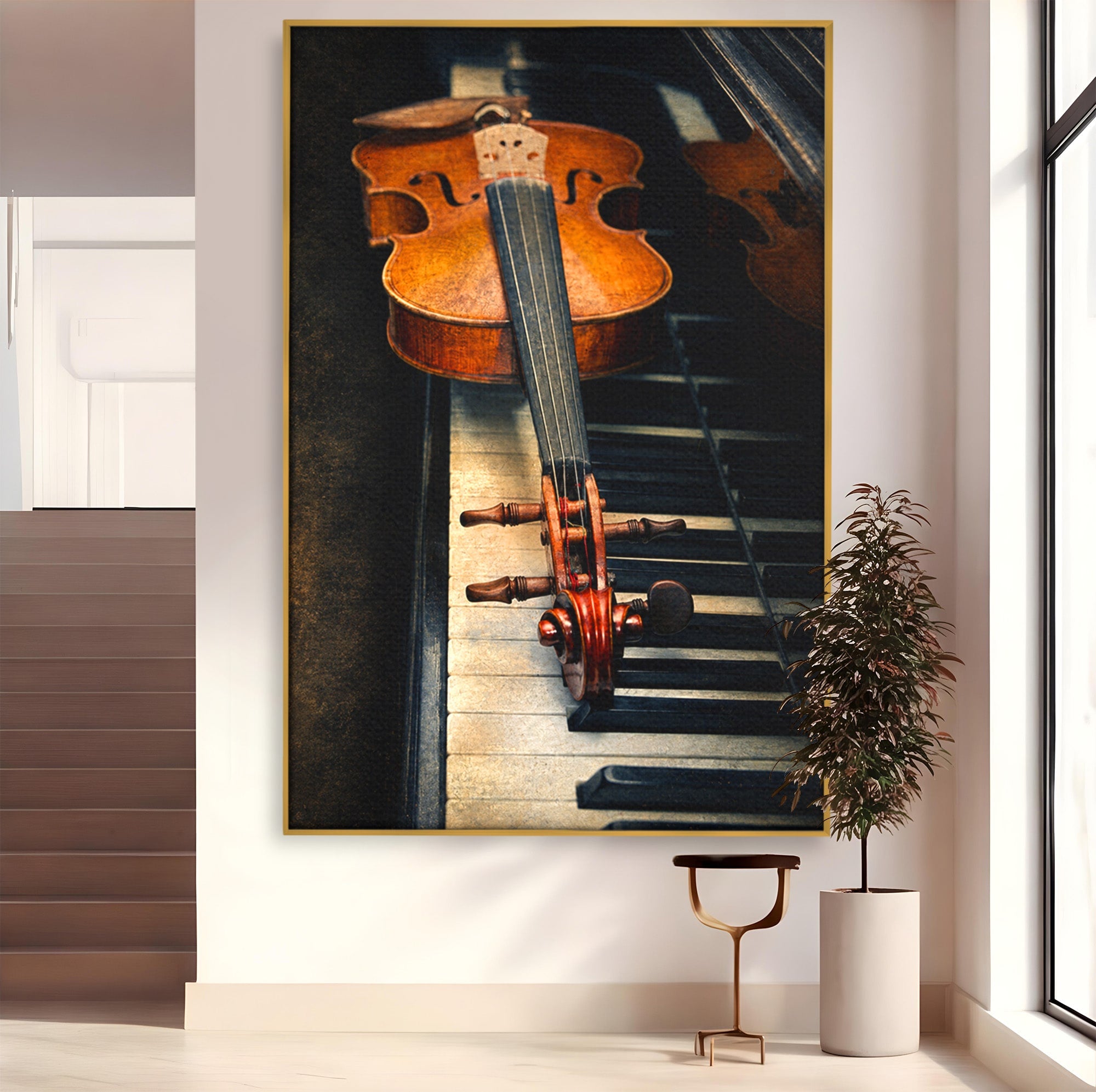 Tablou Canvas Premium LuxCanva® R1058, Vioara Pe Pian, Vioara, Pian, Muzica, Vintage, Living, Birou, Culori Vibrante