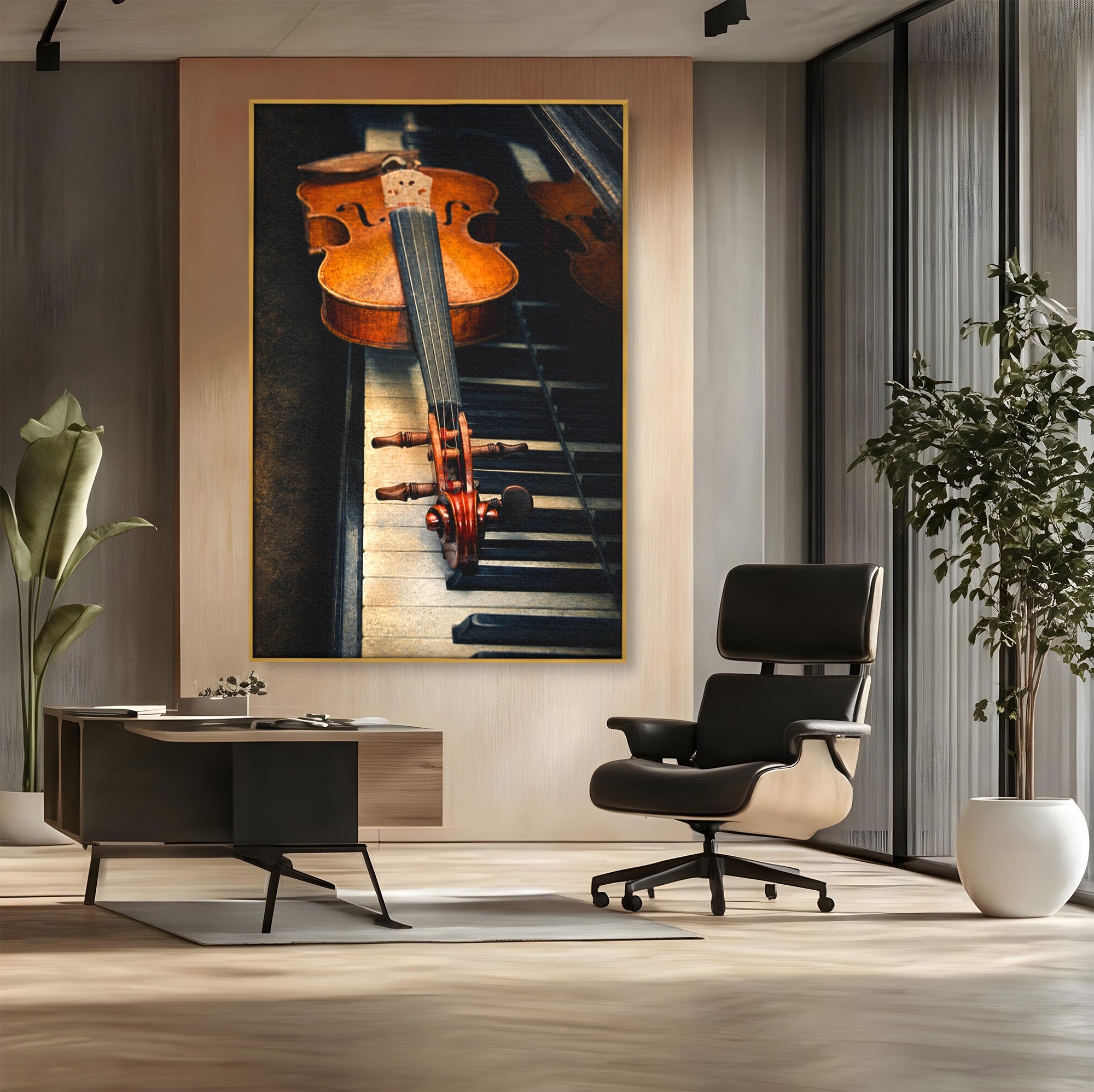 Tablou Canvas Premium LuxCanva® R1058, Vioara Pe Pian, Vioara, Pian, Muzica, Vintage, Living, Birou, Culori Vibrante
