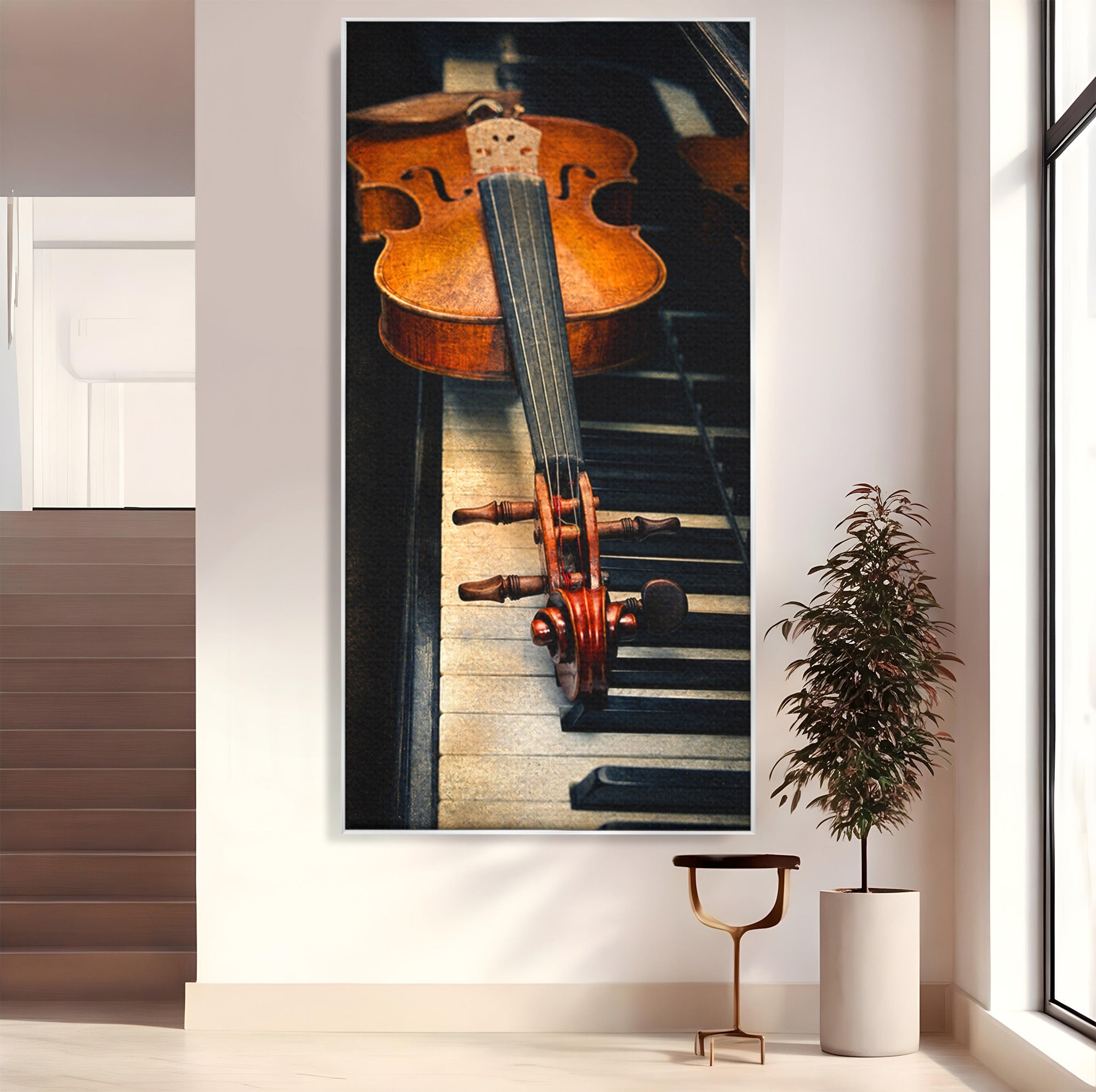Tablou Canvas Premium LuxCanva® R1058, Vioara Pe Pian, Vioara, Pian, Muzica, Vintage, Living, Birou, Culori Vibrante