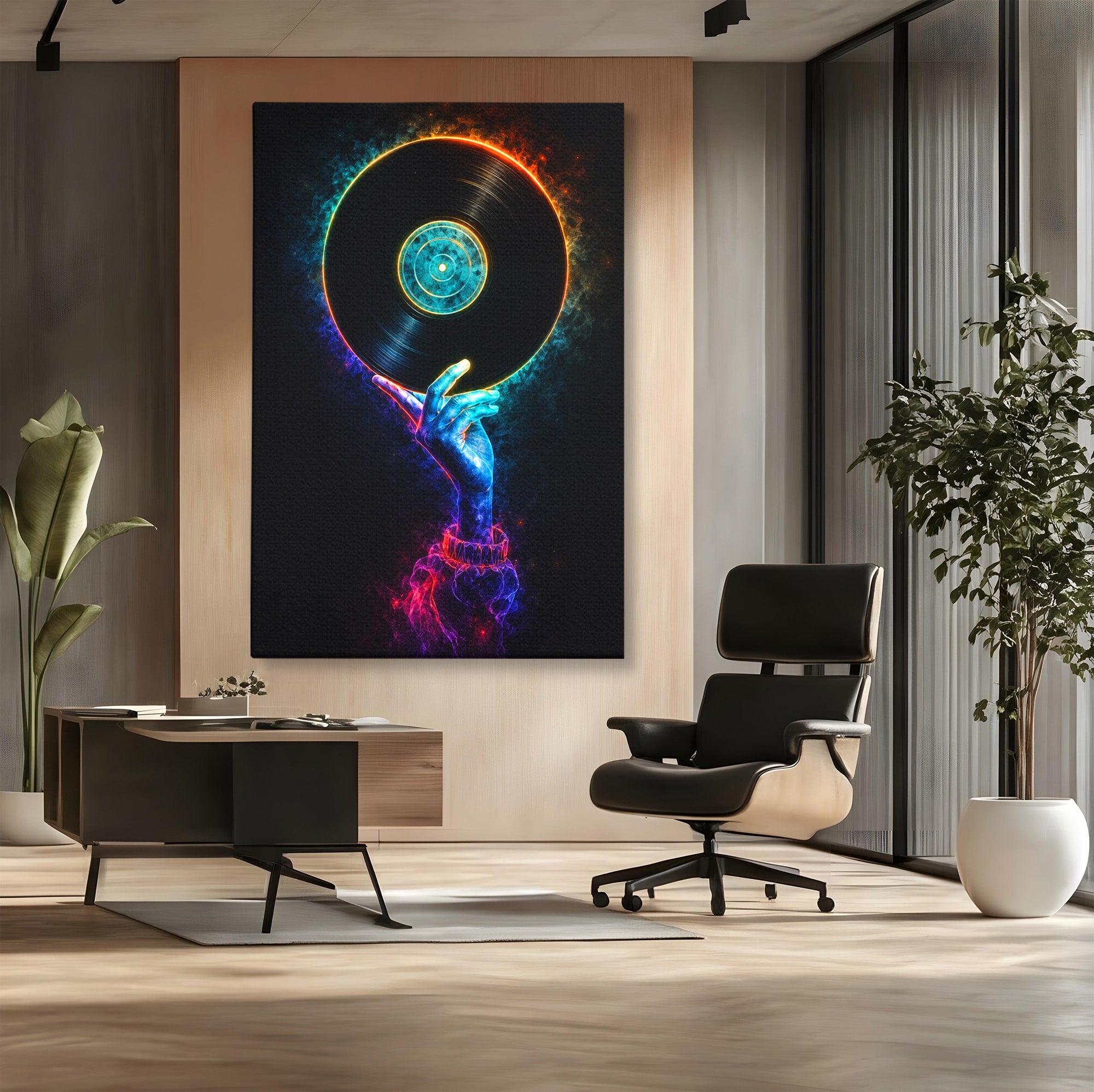 Tablou Canvas Premium LuxCanva® R1059, Vinil Cosmic, Vinil, Muzica, Arta Digitala, Maini, Living, Culori Vibrante