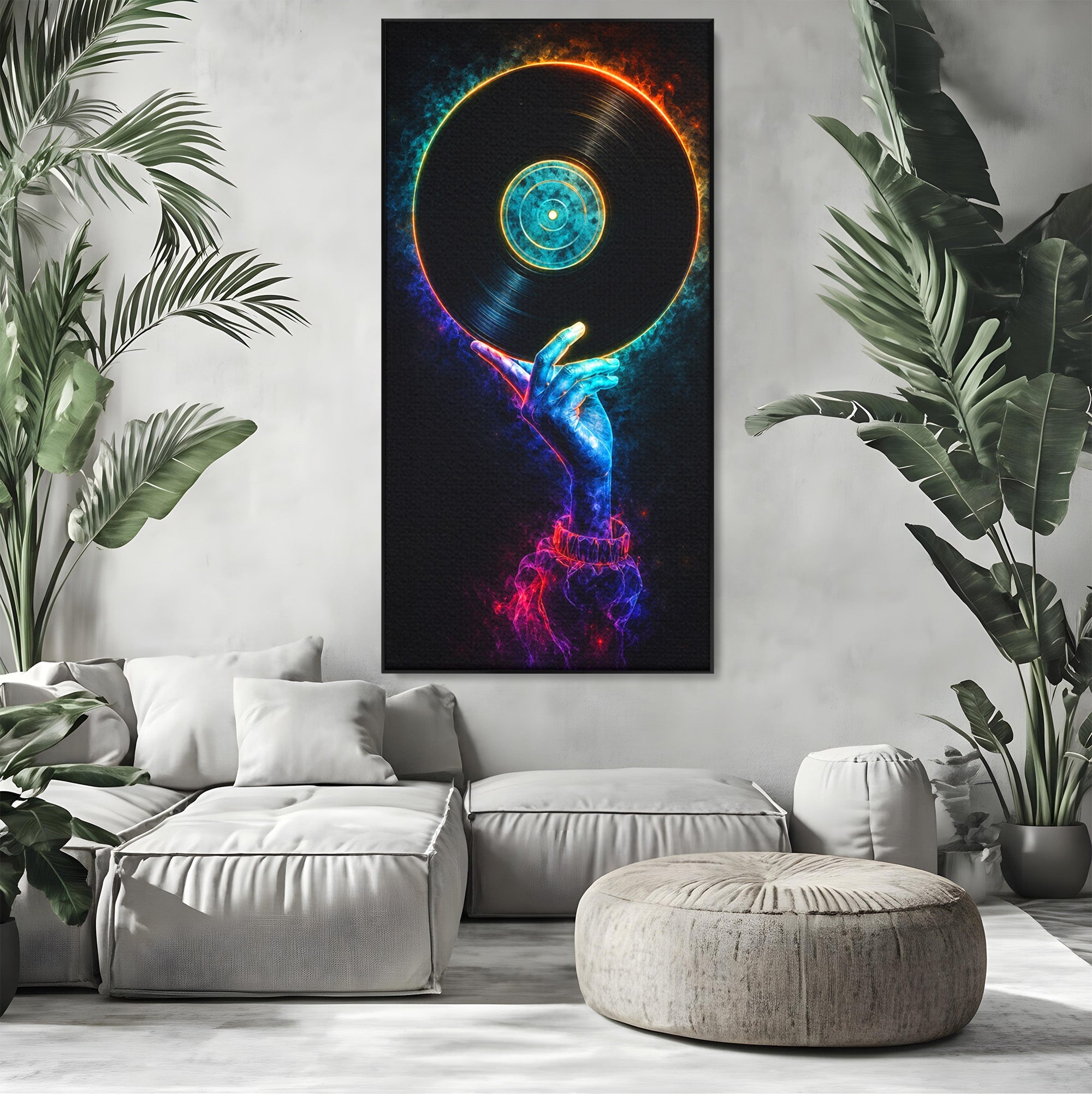 Tablou Canvas Premium LuxCanva® R1059, Vinil Cosmic, Vinil, Muzica, Arta Digitala, Maini, Living, Culori Vibrante