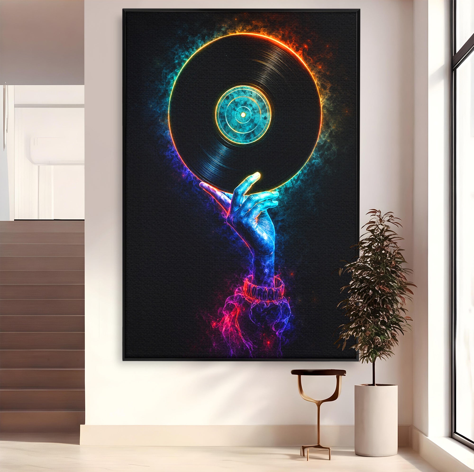 Tablou Canvas Premium LuxCanva® R1059, Vinil Cosmic, Vinil, Muzica, Arta Digitala, Maini, Living, Culori Vibrante