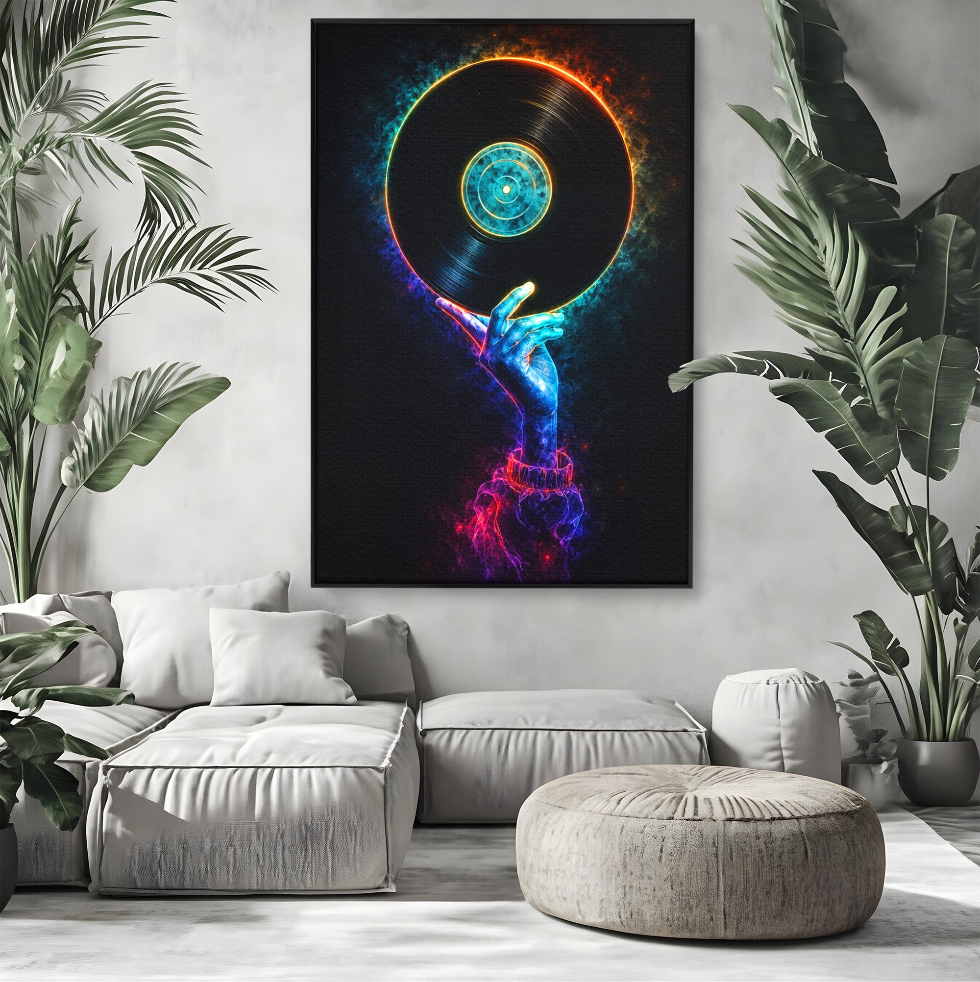 Tablou Canvas Premium LuxCanva® R1059, Vinil Cosmic, Vinil, Muzica, Arta Digitala, Maini, Living, Culori Vibrante