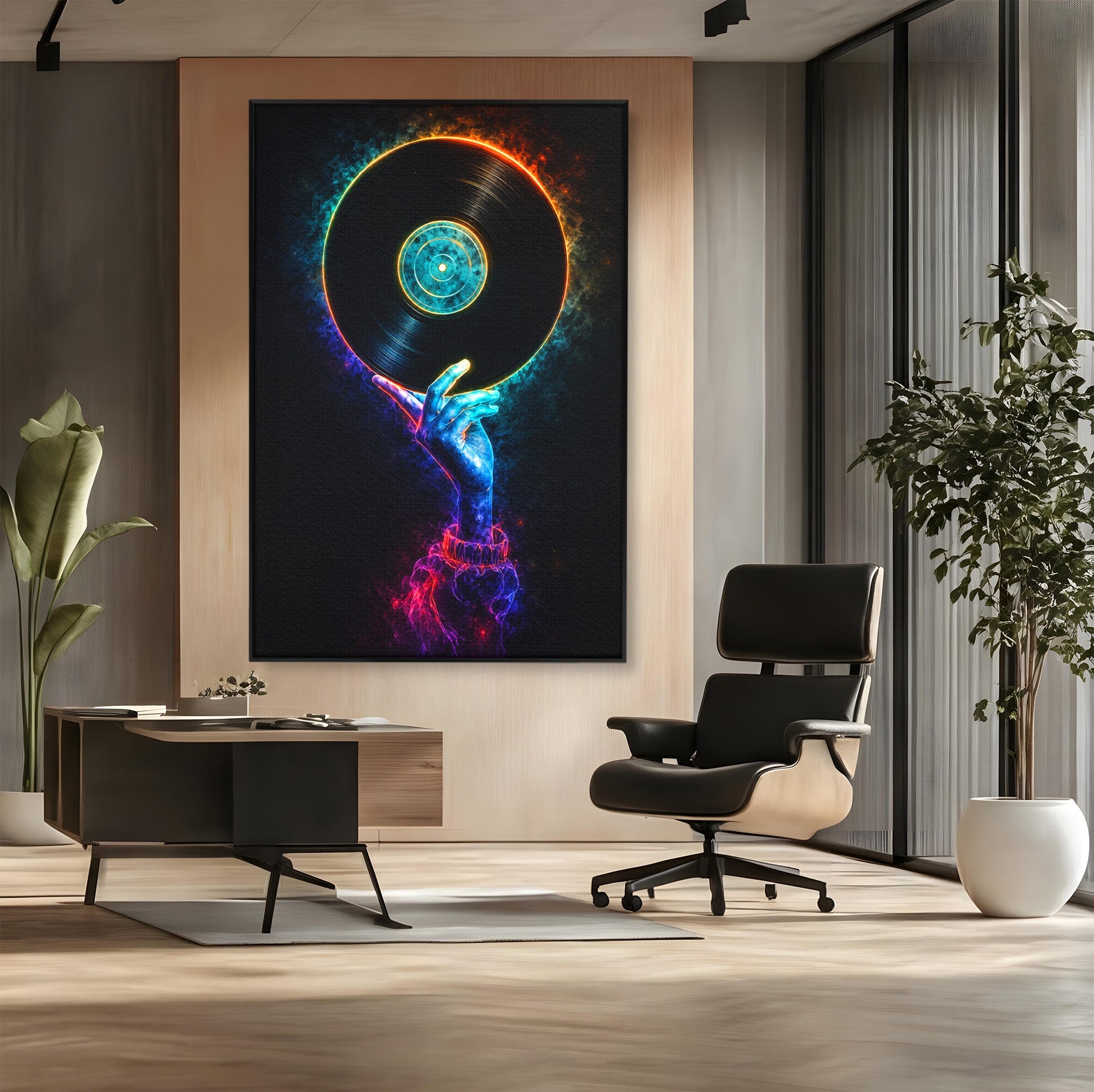 Tablou Canvas Premium LuxCanva® R1059, Vinil Cosmic, Vinil, Muzica, Arta Digitala, Maini, Living, Culori Vibrante