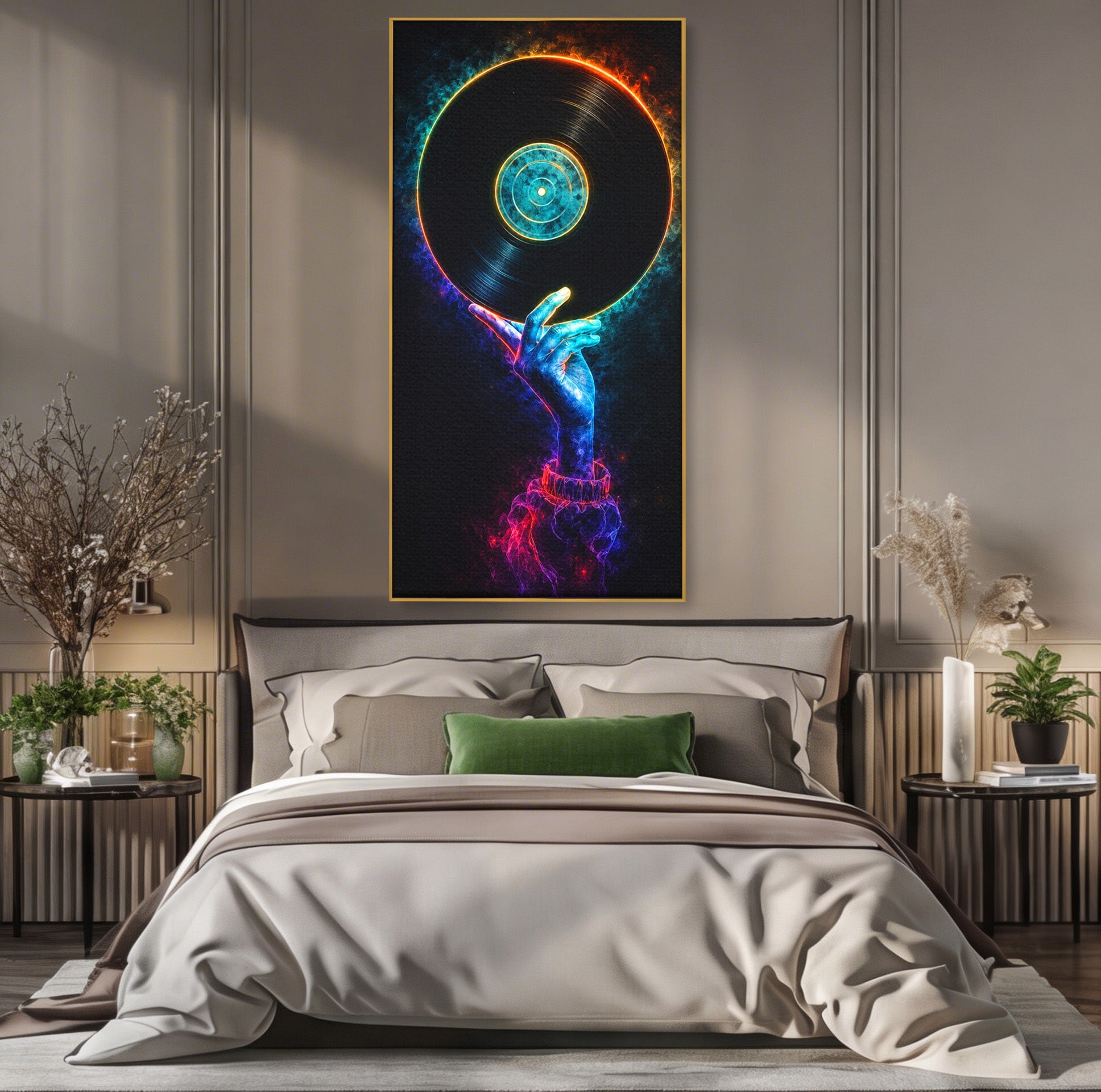 Tablou Canvas Premium LuxCanva® R1059, Vinil Cosmic, Vinil, Muzica, Arta Digitala, Maini, Living, Culori Vibrante