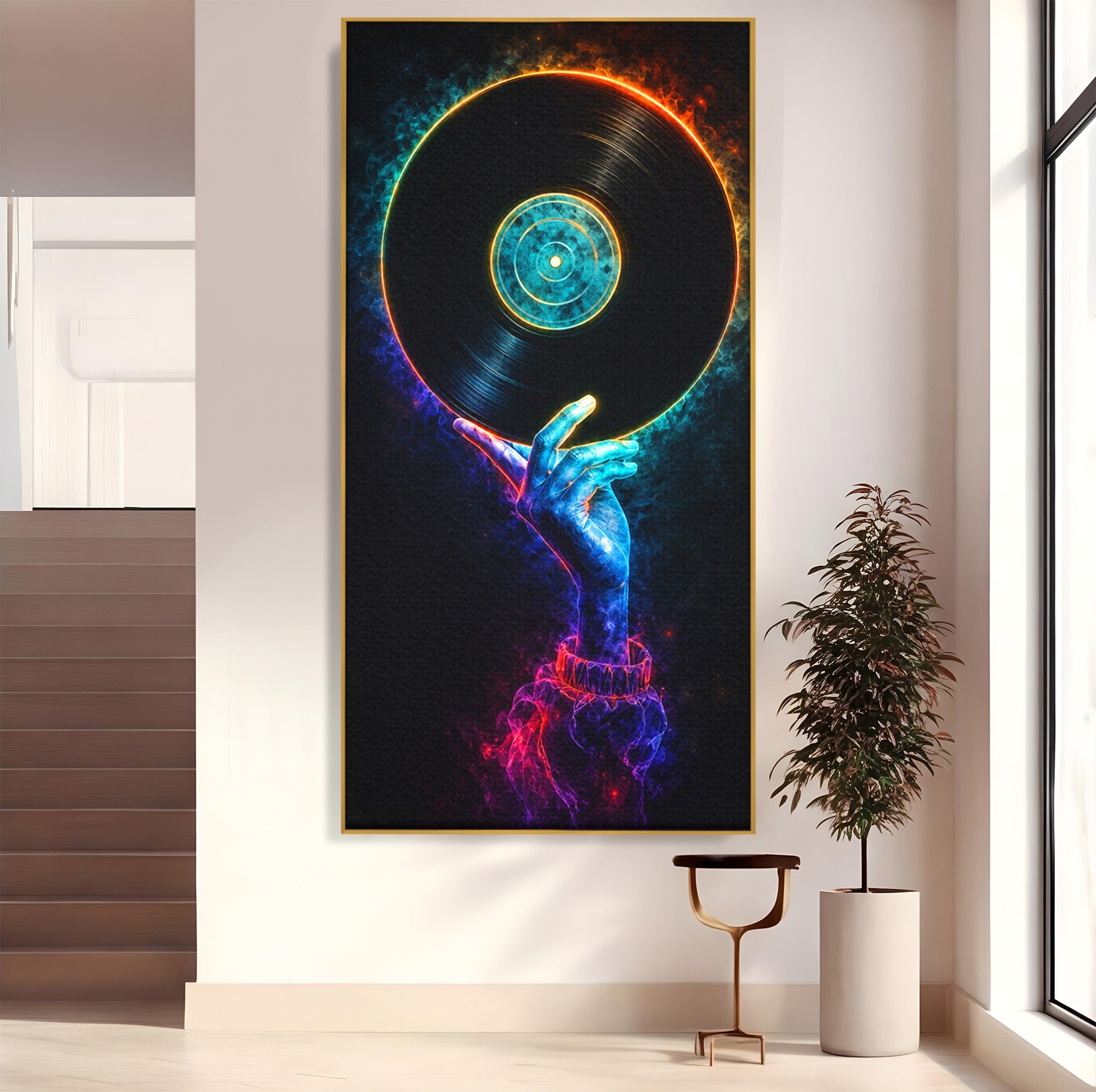 Tablou Canvas Premium LuxCanva® R1059, Vinil Cosmic, Vinil, Muzica, Arta Digitala, Maini, Living, Culori Vibrante