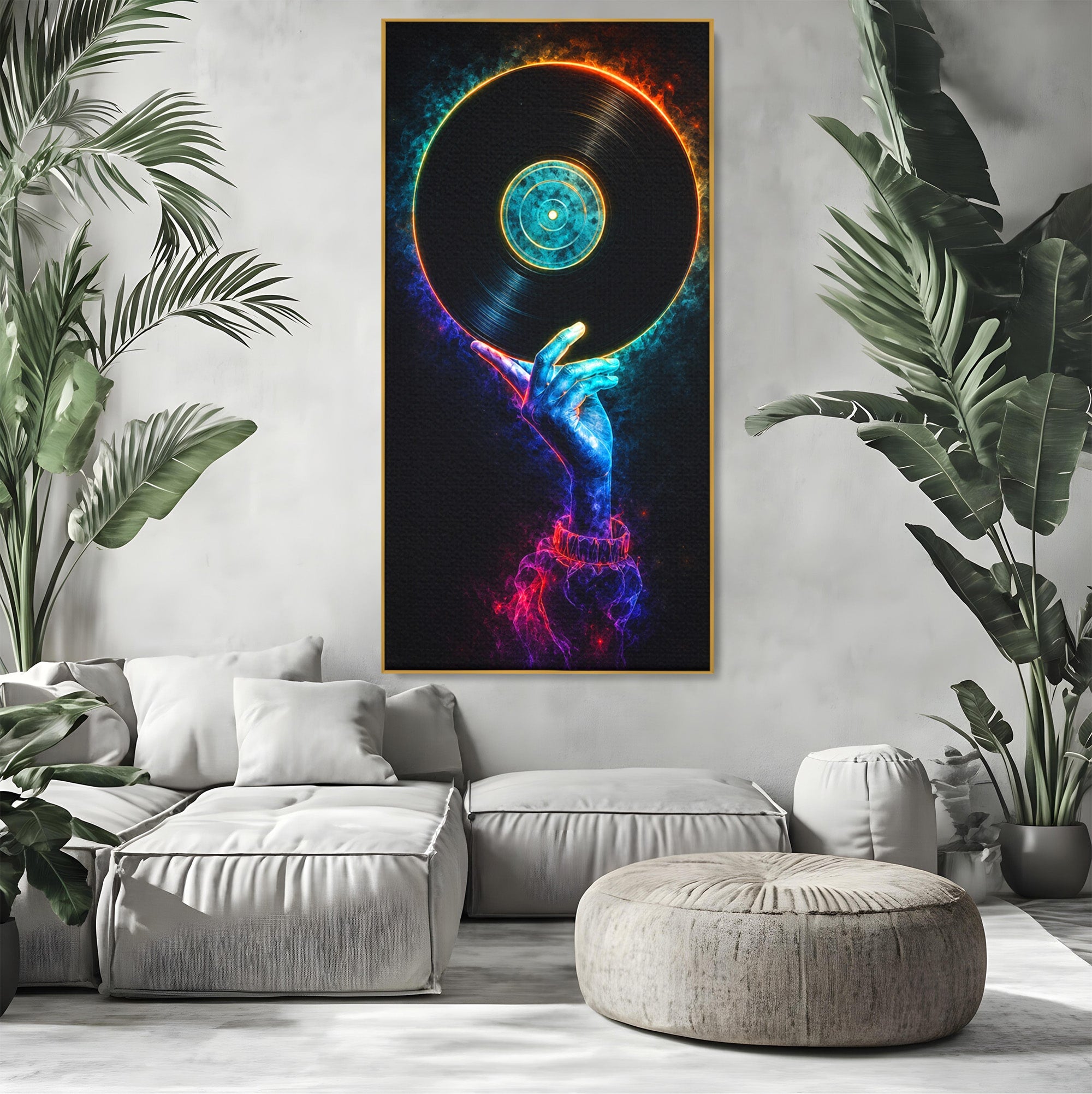Tablou Canvas Premium LuxCanva® R1059, Vinil Cosmic, Vinil, Muzica, Arta Digitala, Maini, Living, Culori Vibrante