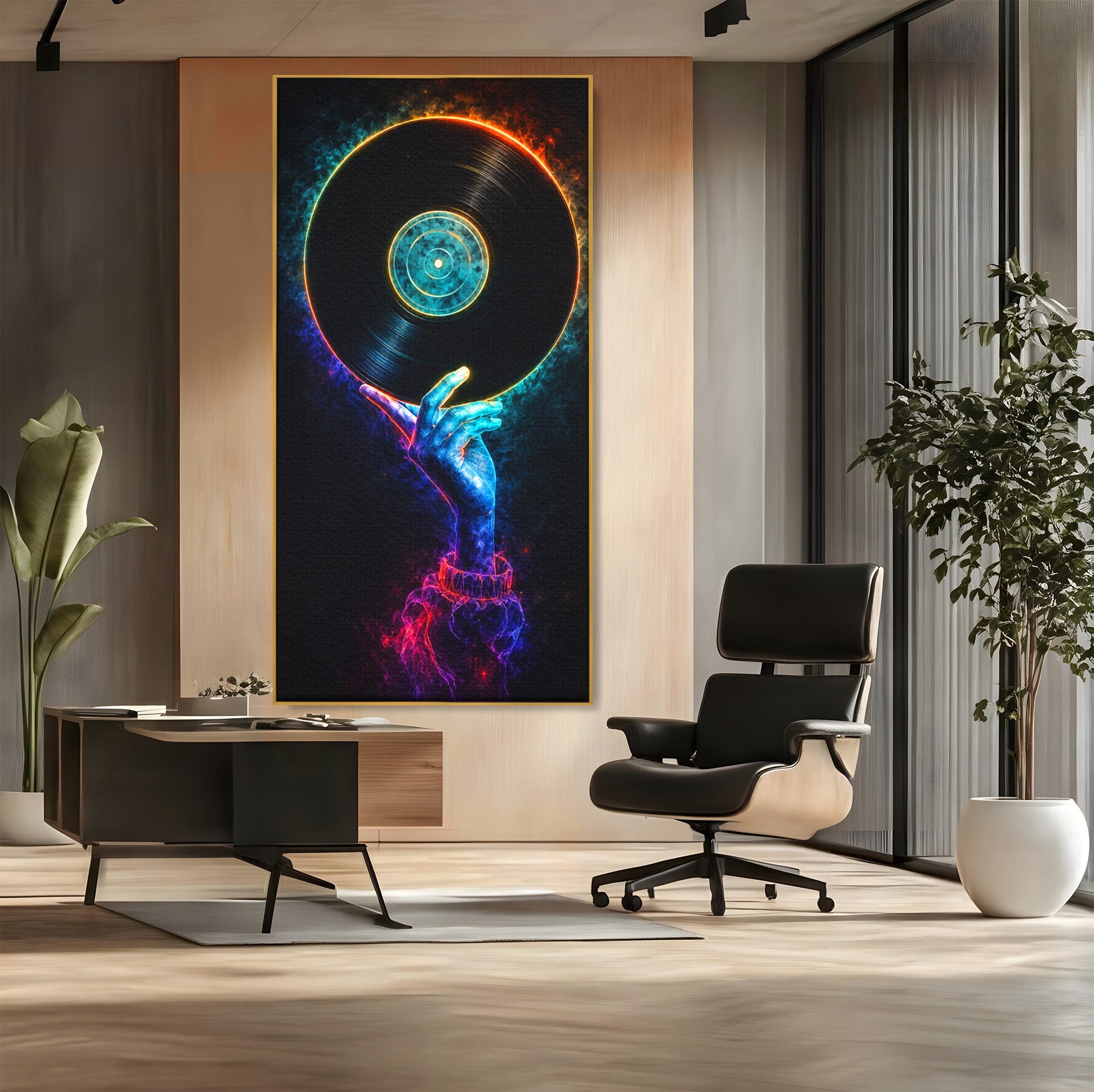 Tablou Canvas Premium LuxCanva® R1059, Vinil Cosmic, Vinil, Muzica, Arta Digitala, Maini, Living, Culori Vibrante