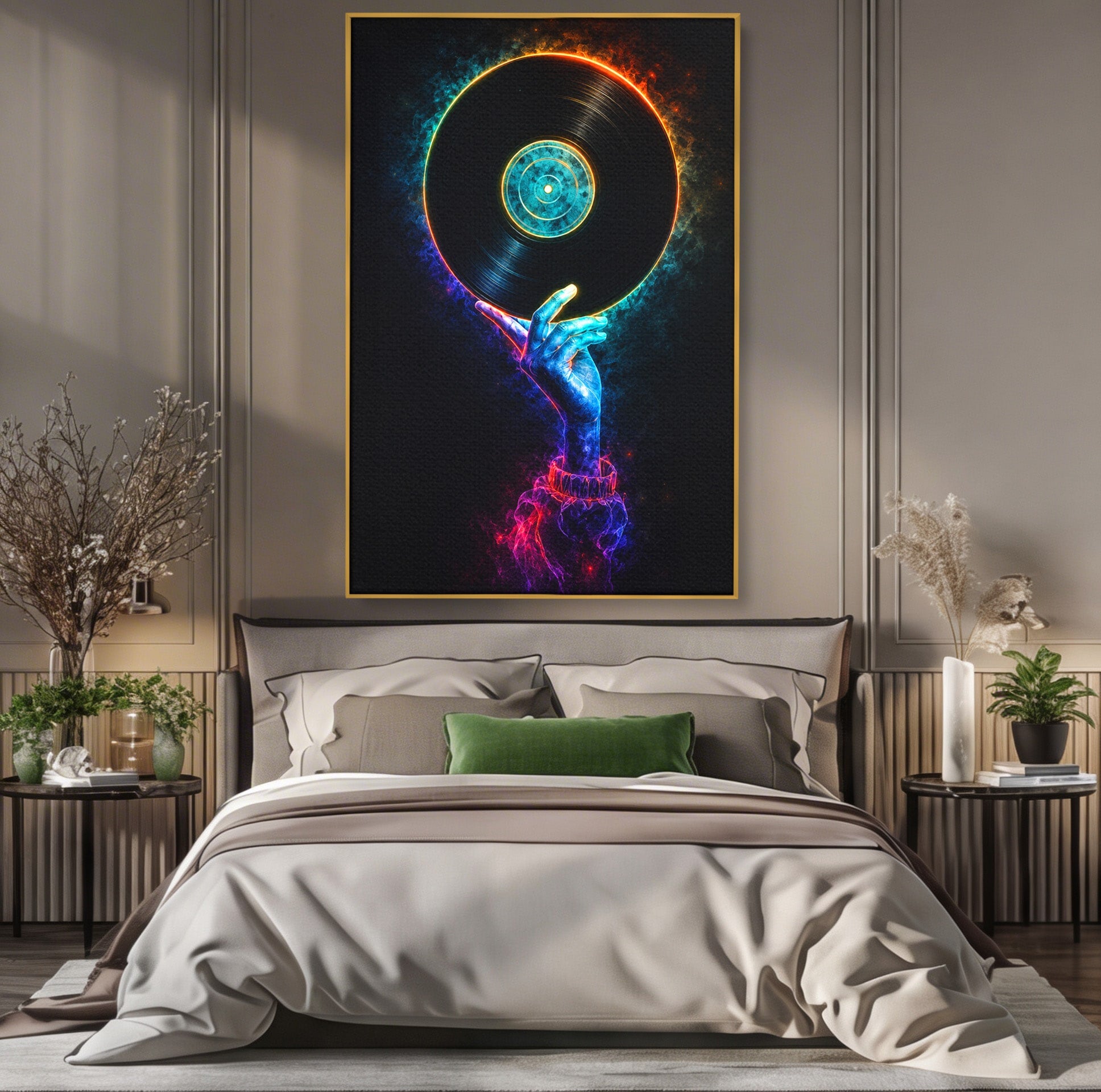 Tablou Canvas Premium LuxCanva® R1059, Vinil Cosmic, Vinil, Muzica, Arta Digitala, Maini, Living, Culori Vibrante