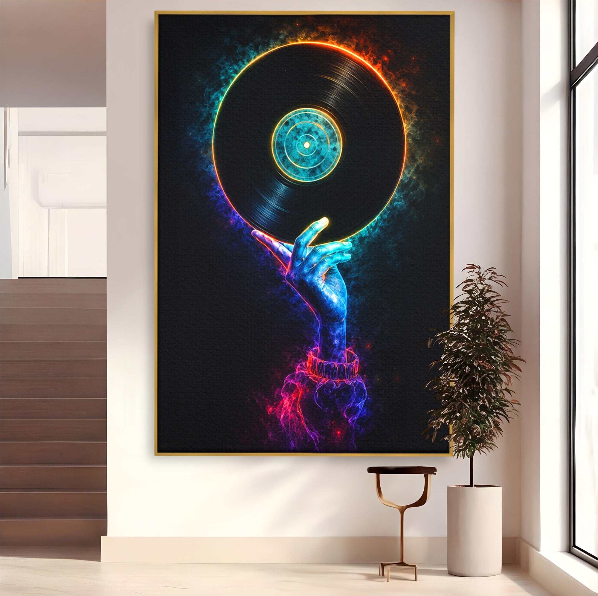 Tablou Canvas Premium LuxCanva® R1059, Vinil Cosmic, Vinil, Muzica, Arta Digitala, Maini, Living, Culori Vibrante