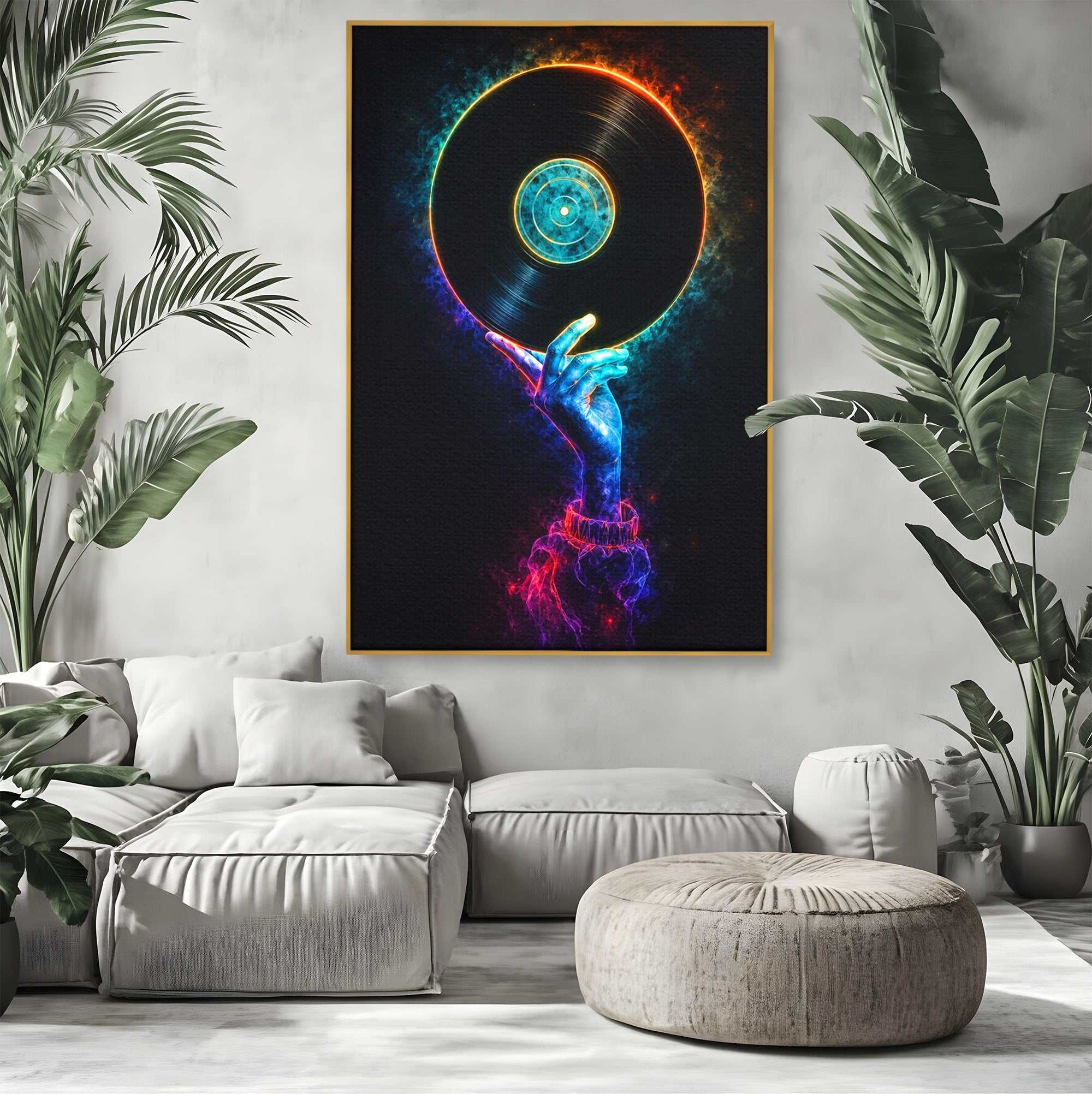 Tablou Canvas Premium LuxCanva® R1059, Vinil Cosmic, Vinil, Muzica, Arta Digitala, Maini, Living, Culori Vibrante