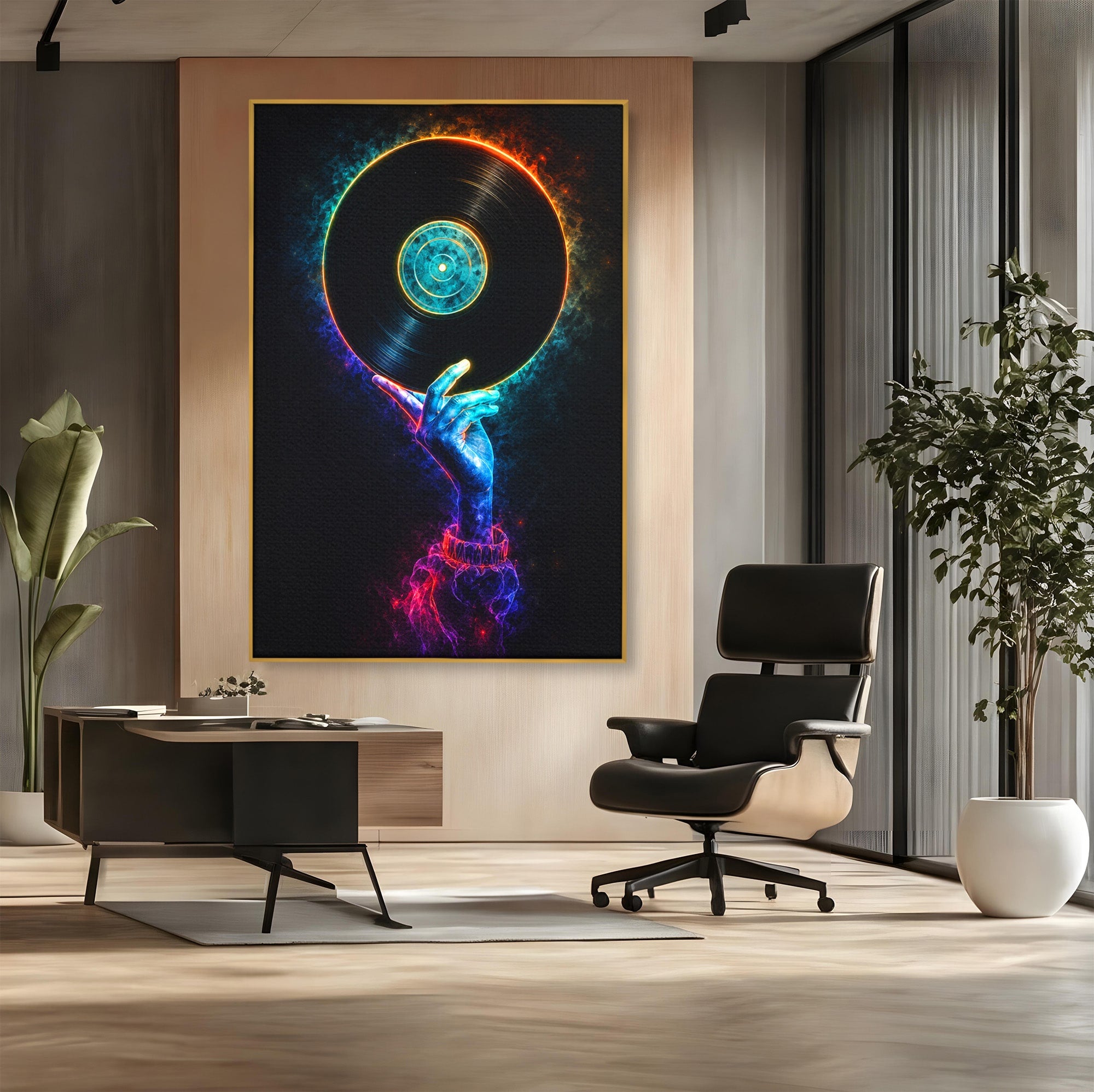 Tablou Canvas Premium LuxCanva® R1059, Vinil Cosmic, Vinil, Muzica, Arta Digitala, Maini, Living, Culori Vibrante