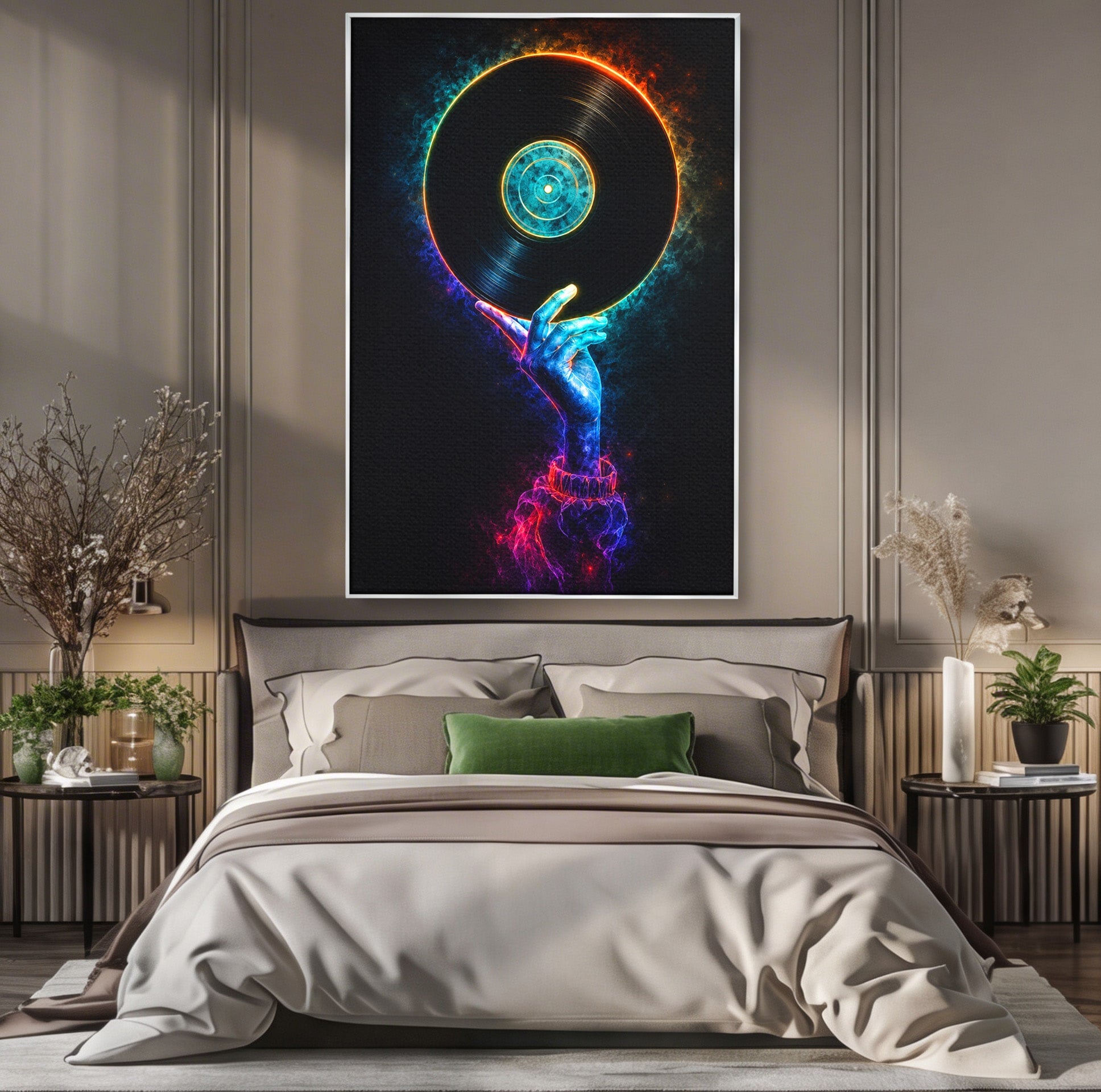 Tablou Canvas Premium LuxCanva® R1059, Vinil Cosmic, Vinil, Muzica, Arta Digitala, Maini, Living, Culori Vibrante