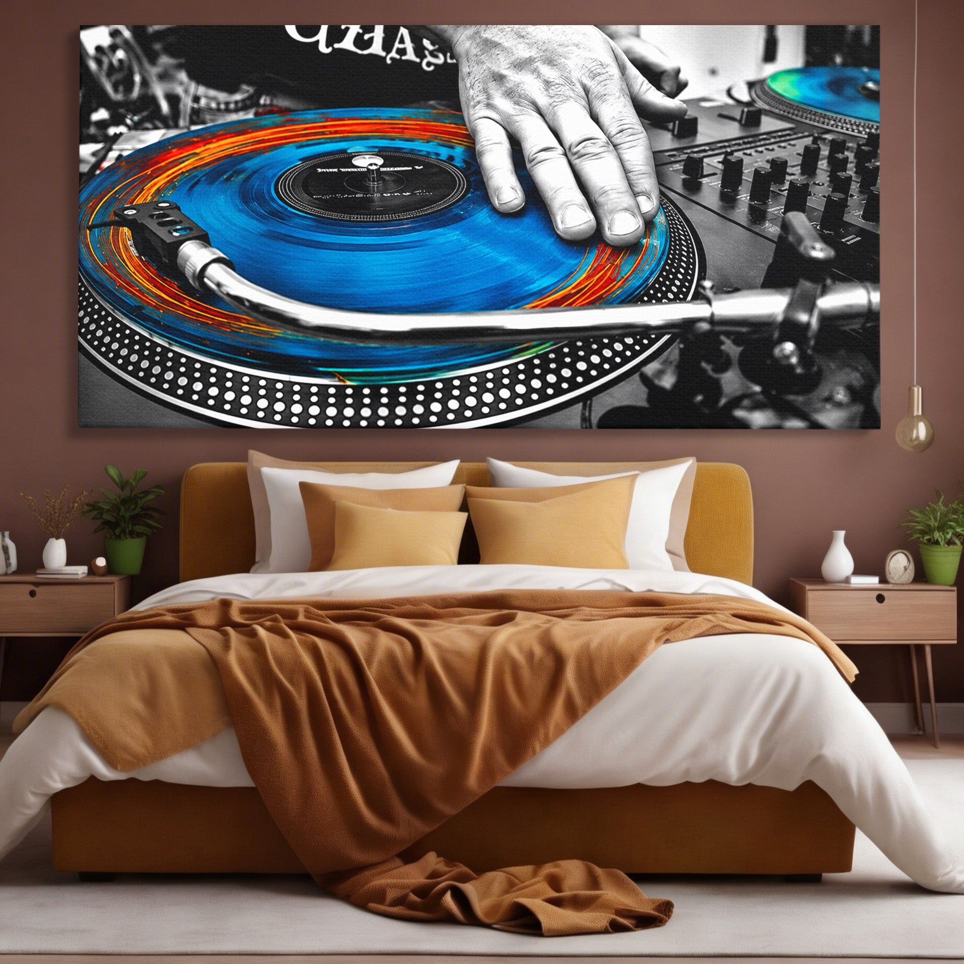 Tablou Canvas Premium LuxCanva® R1060, DJ La Platane, DJ, Muzica, Vinil, Mana, Living, Modern, Energetic, Culori Vibrante