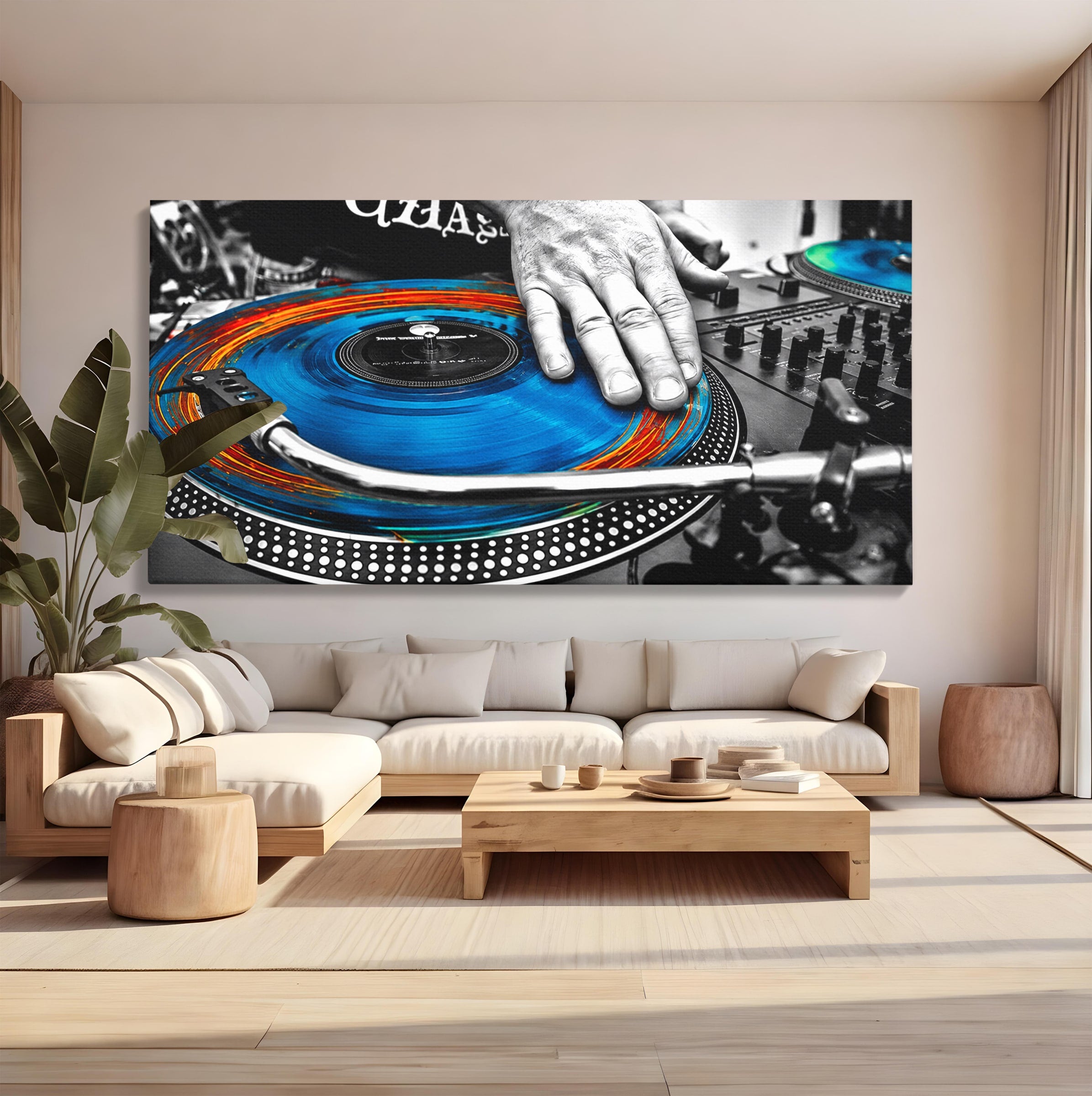 Tablou Canvas Premium LuxCanva® R1060, DJ La Platane, DJ, Muzica, Vinil, Mana, Living, Modern, Energetic, Culori Vibrante