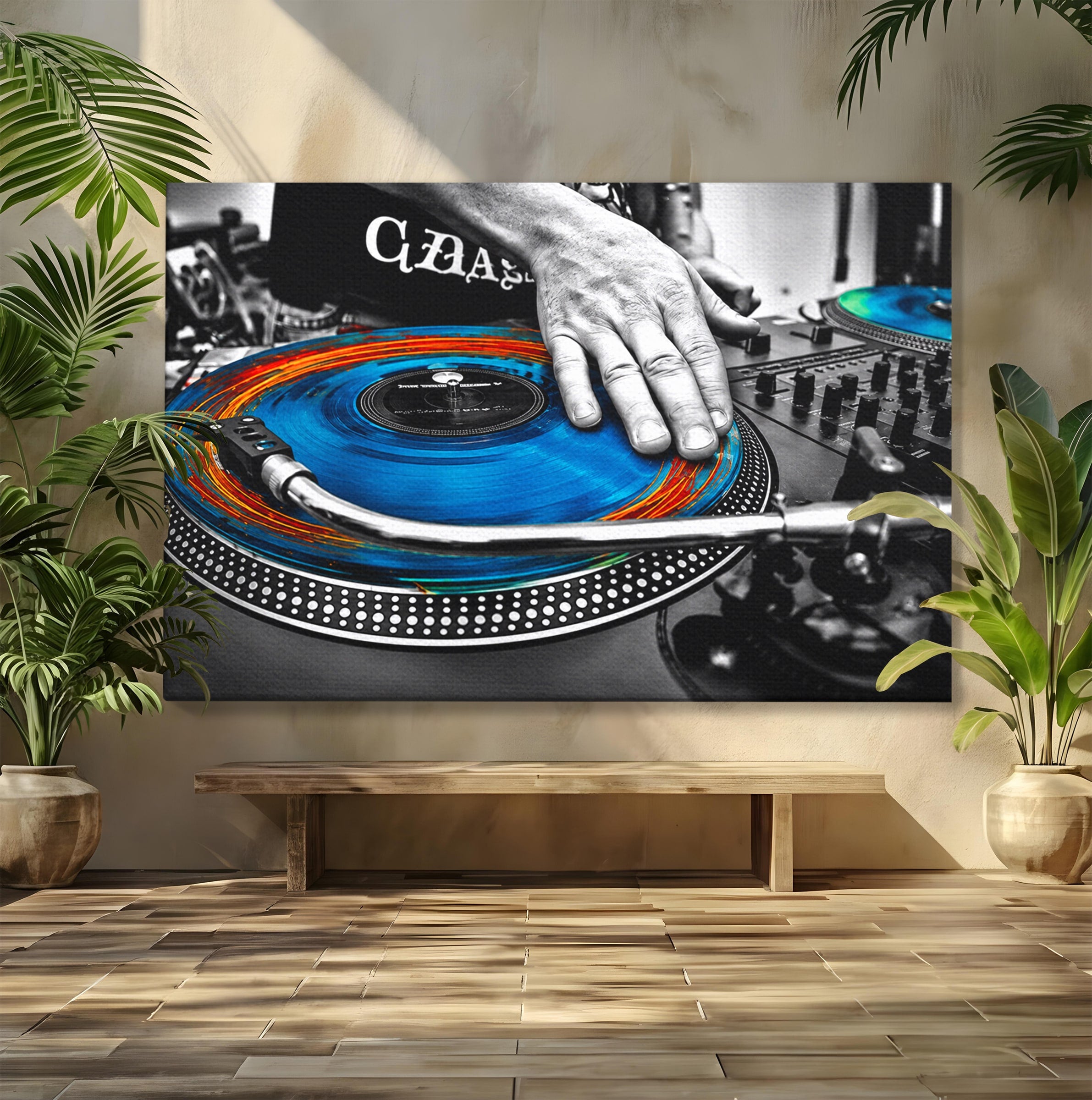 Tablou Canvas Premium LuxCanva® R1060, DJ La Platane, DJ, Muzica, Vinil, Mana, Living, Modern, Energetic, Culori Vibrante