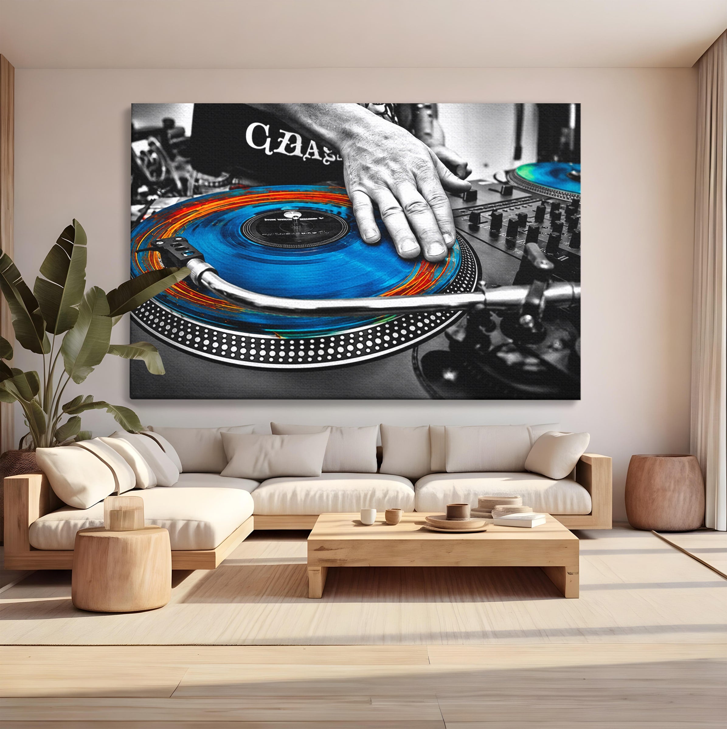 Tablou Canvas Premium LuxCanva® R1060, DJ La Platane, DJ, Muzica, Vinil, Mana, Living, Modern, Energetic, Culori Vibrante