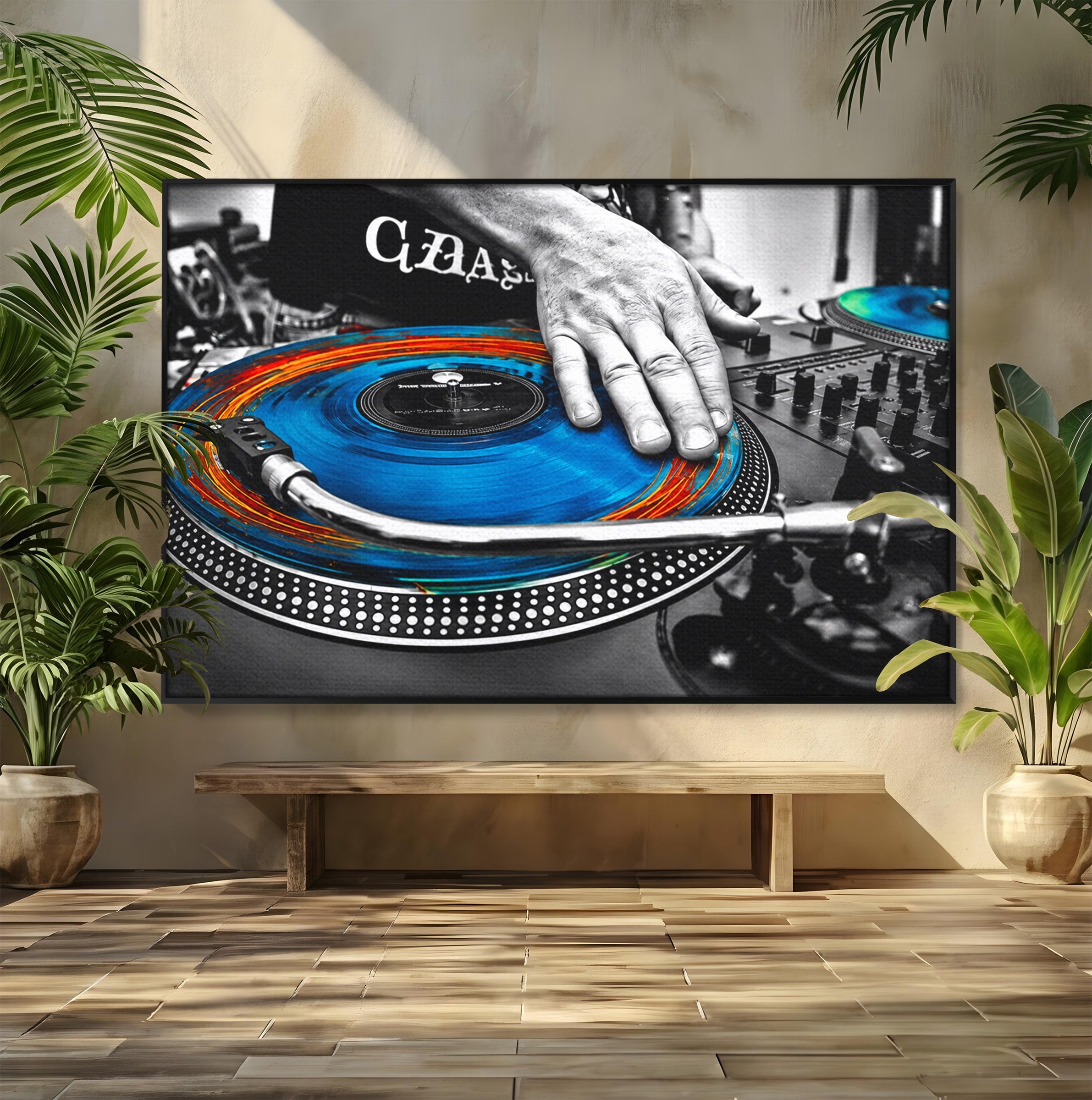 Tablou Canvas Premium LuxCanva® R1060, DJ La Platane, DJ, Muzica, Vinil, Mana, Living, Modern, Energetic, Culori Vibrante