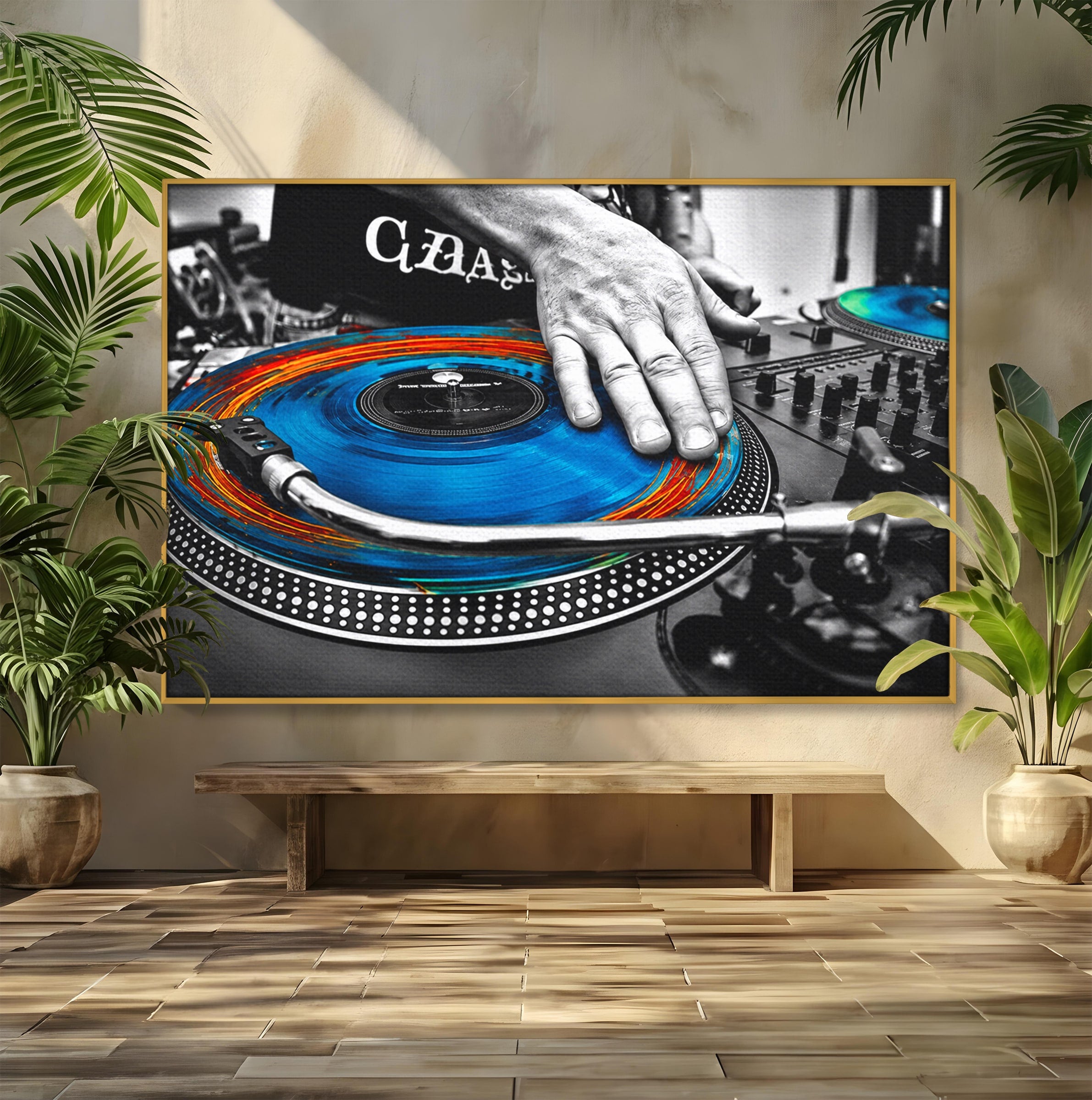 Tablou Canvas Premium LuxCanva® R1060, DJ La Platane, DJ, Muzica, Vinil, Mana, Living, Modern, Energetic, Culori Vibrante