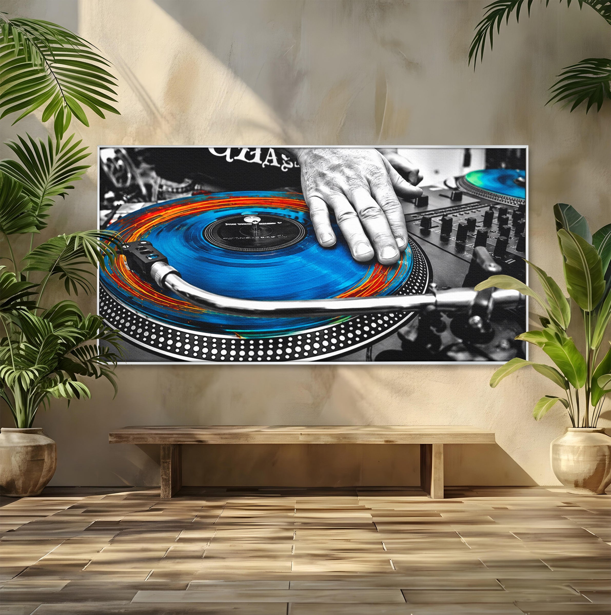 Tablou Canvas Premium LuxCanva® R1060, DJ La Platane, DJ, Muzica, Vinil, Mana, Living, Modern, Energetic, Culori Vibrante