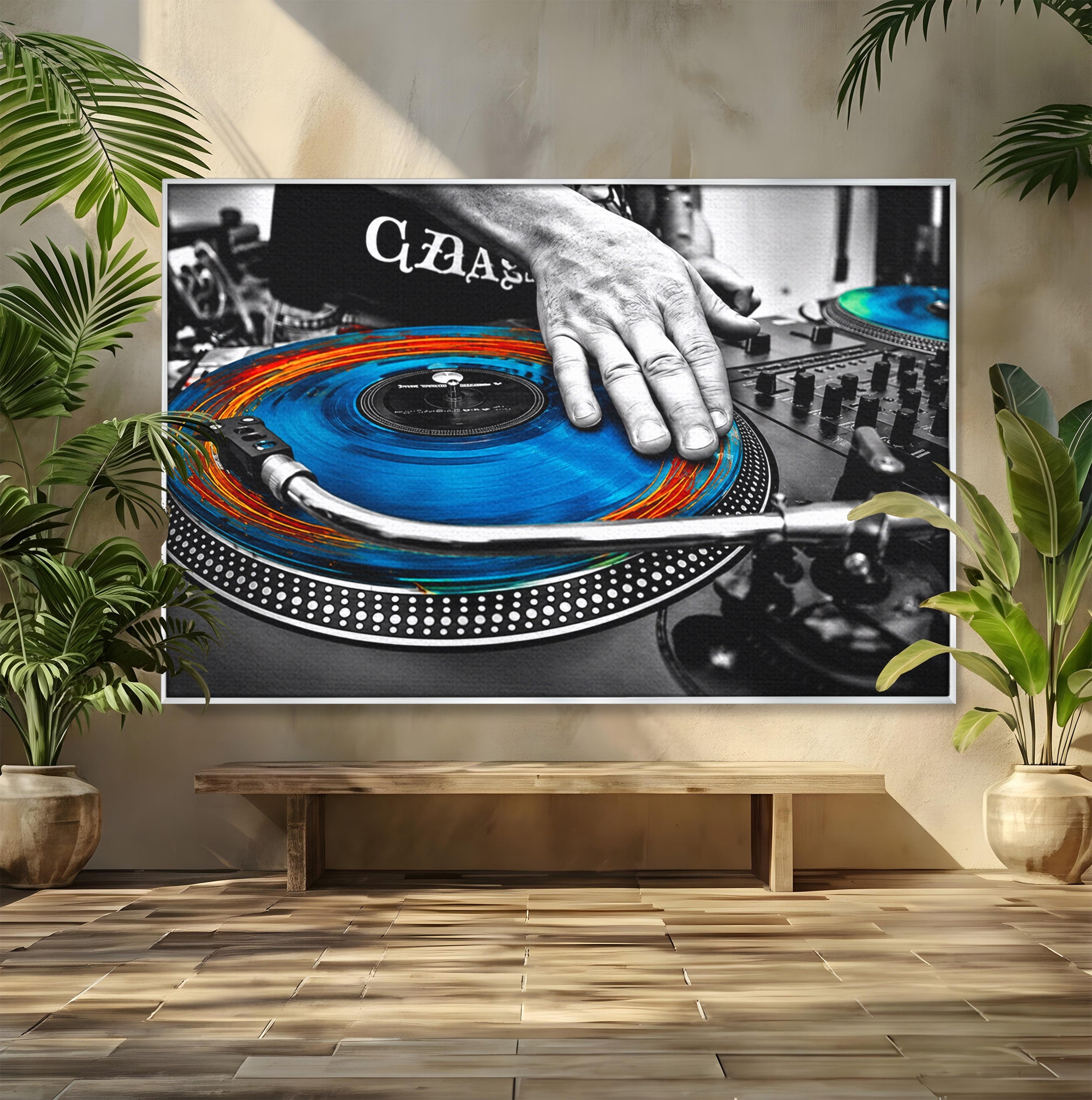 Tablou Canvas Premium LuxCanva® R1060, DJ La Platane, DJ, Muzica, Vinil, Mana, Living, Modern, Energetic, Culori Vibrante