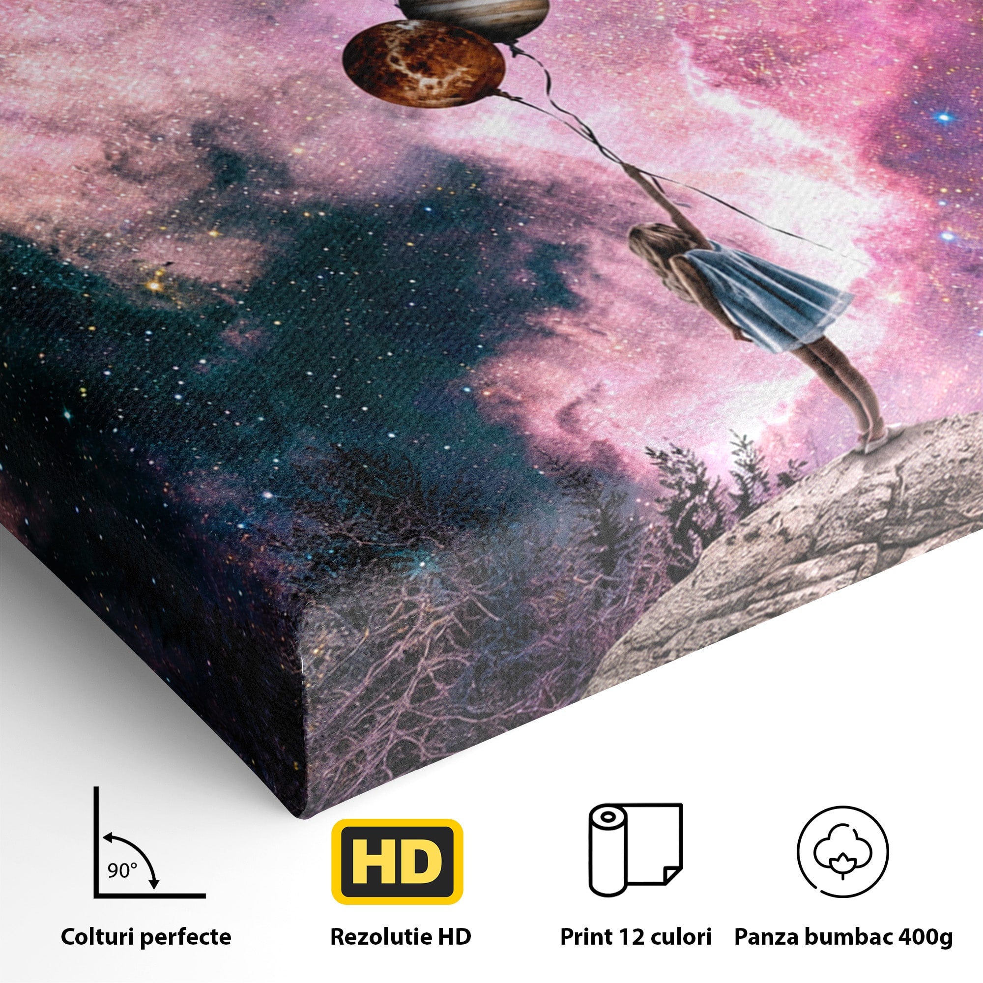 Tablou Canvas Premium LuxCanva® S1007, Fata Si Planetele, Fata, Planete, Univers, Visare, Dormitor, Culori Vibrante