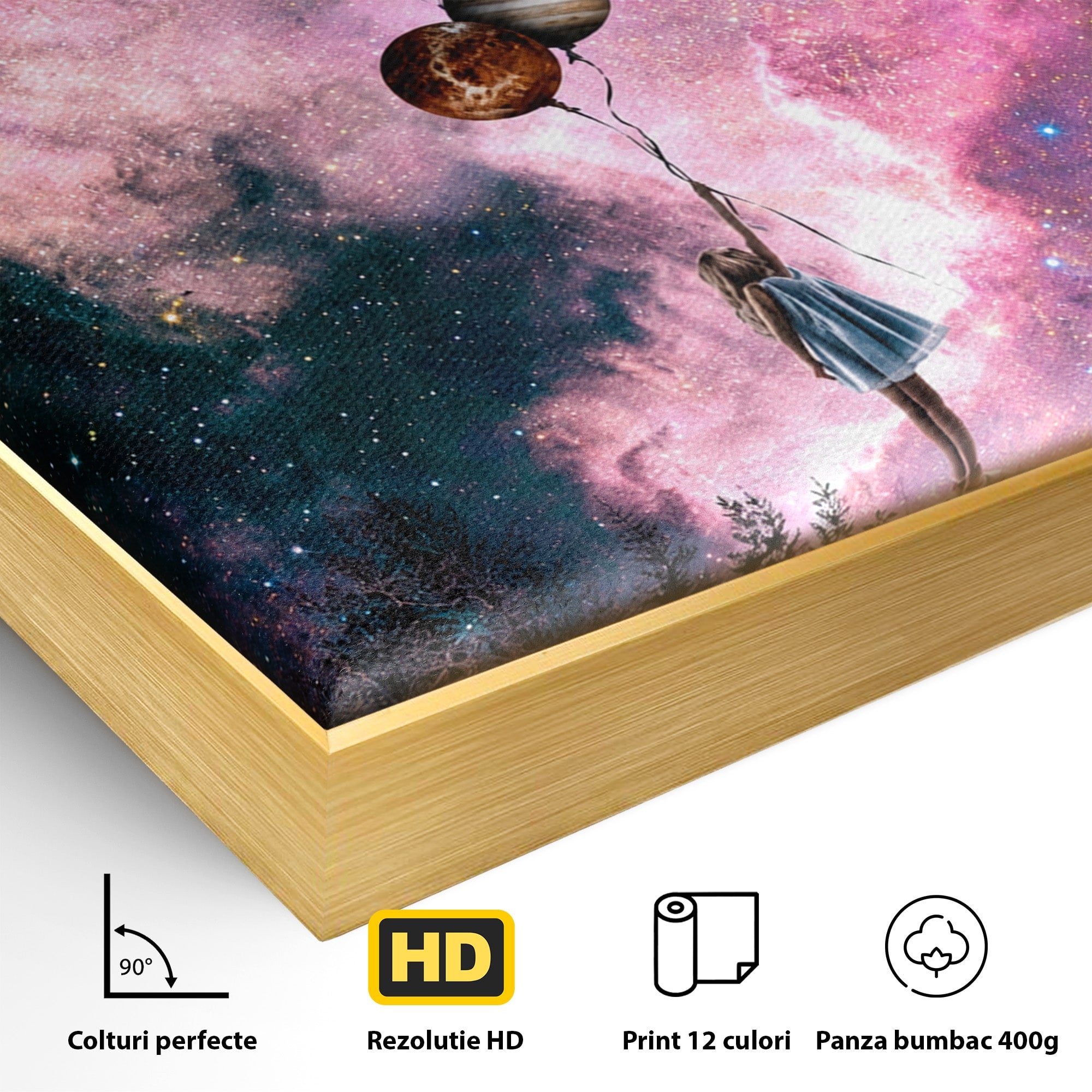 Tablou Canvas Premium LuxCanva® S1007, Fata Si Planetele, Fata, Planete, Univers, Visare, Dormitor, Culori Vibrante