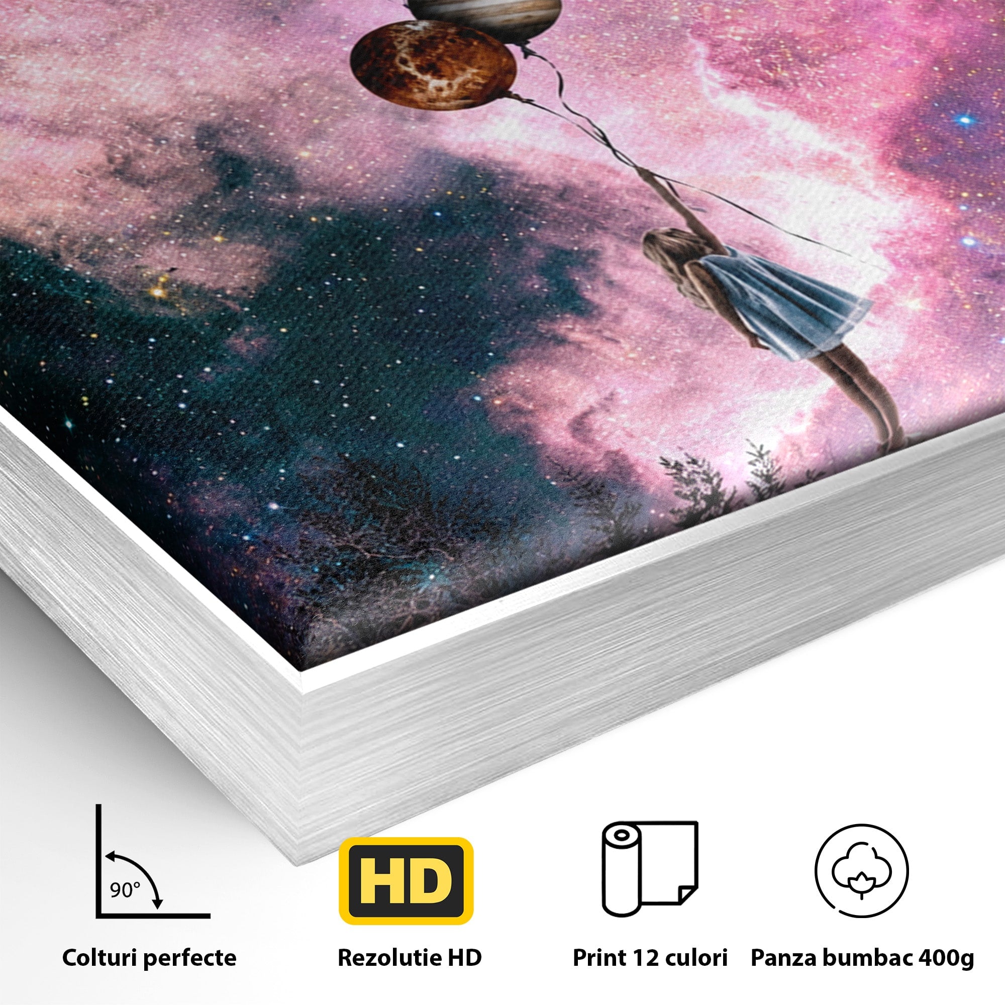 Tablou Canvas Premium LuxCanva® S1007, Fata Si Planetele, Fata, Planete, Univers, Visare, Dormitor, Culori Vibrante