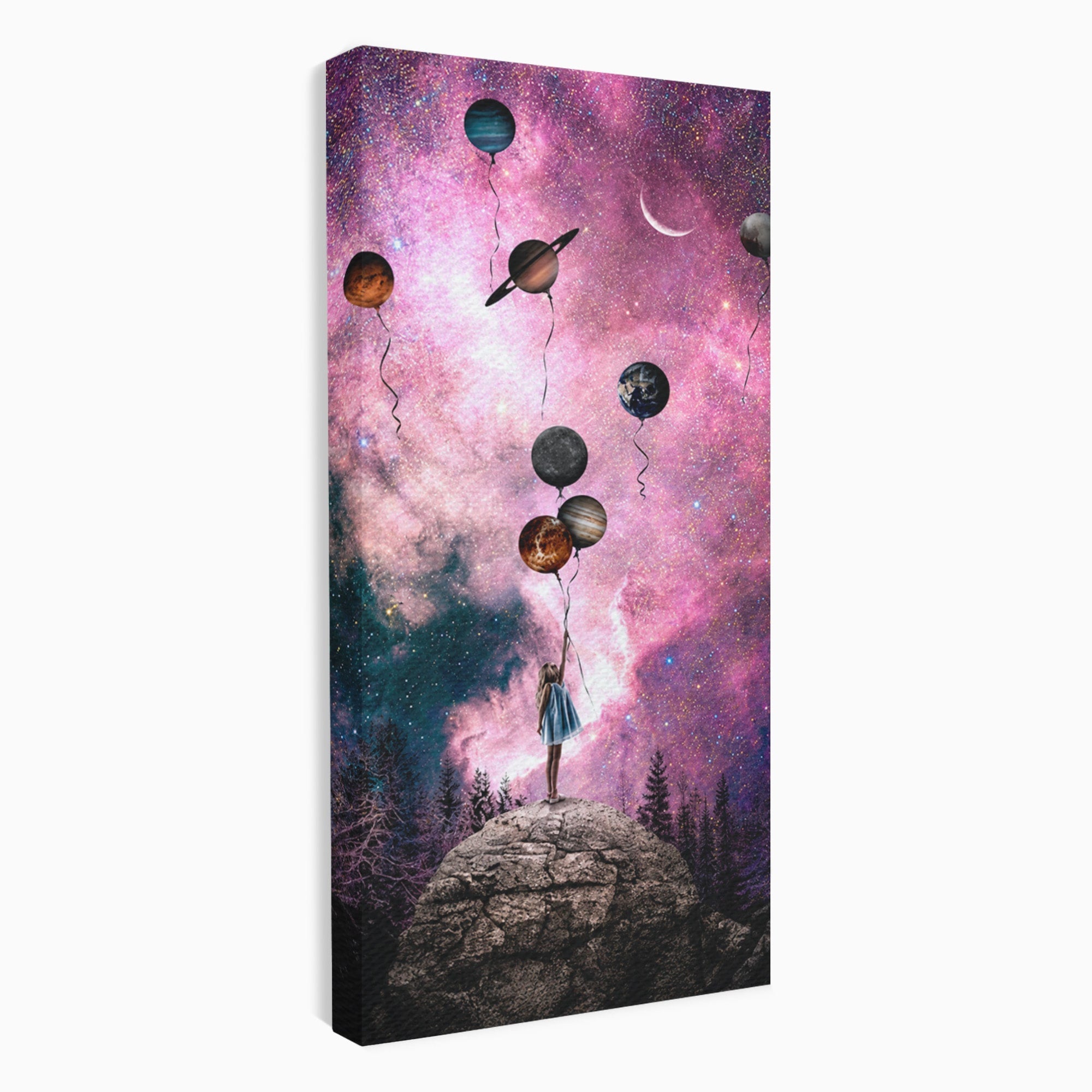 Tablou Canvas Premium LuxCanva® S1007, Fata Si Planetele, Fata, Planete, Univers, Visare, Dormitor, Culori Vibrante