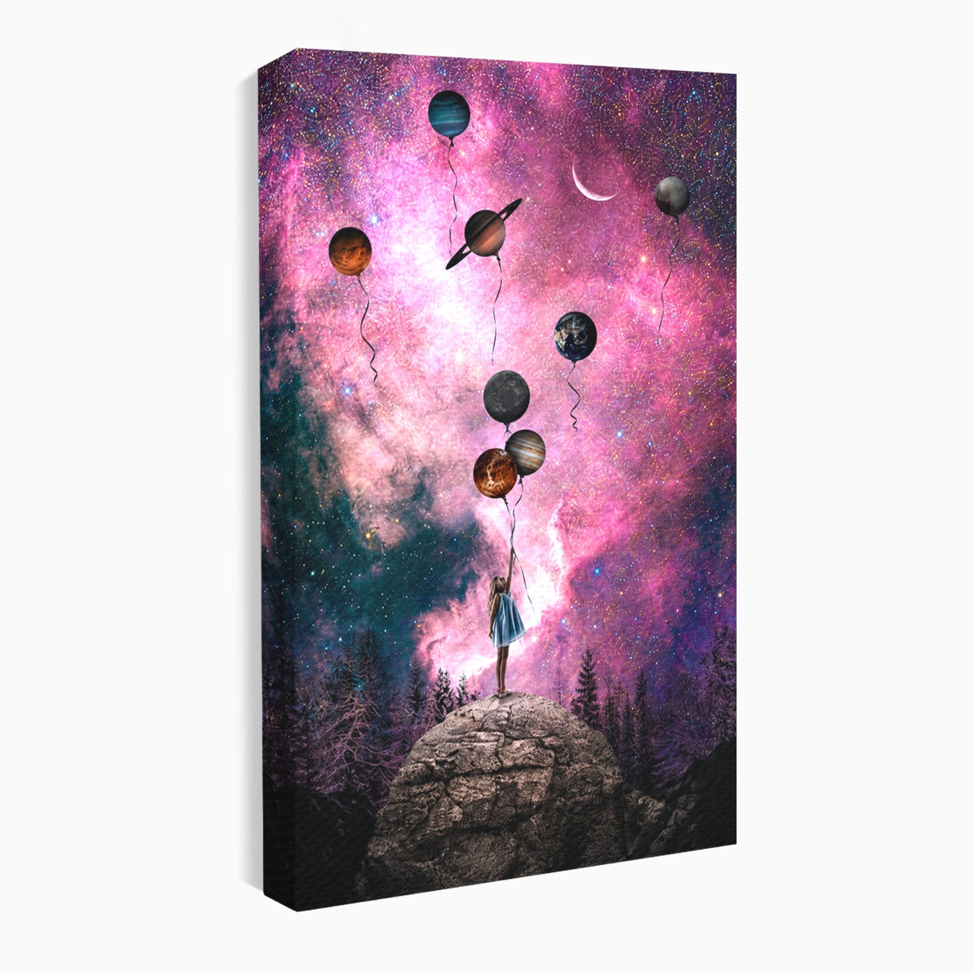 Tablou Canvas Premium LuxCanva® S1007, Fata Si Planetele, Fata, Planete, Univers, Visare, Dormitor, Culori Vibrante