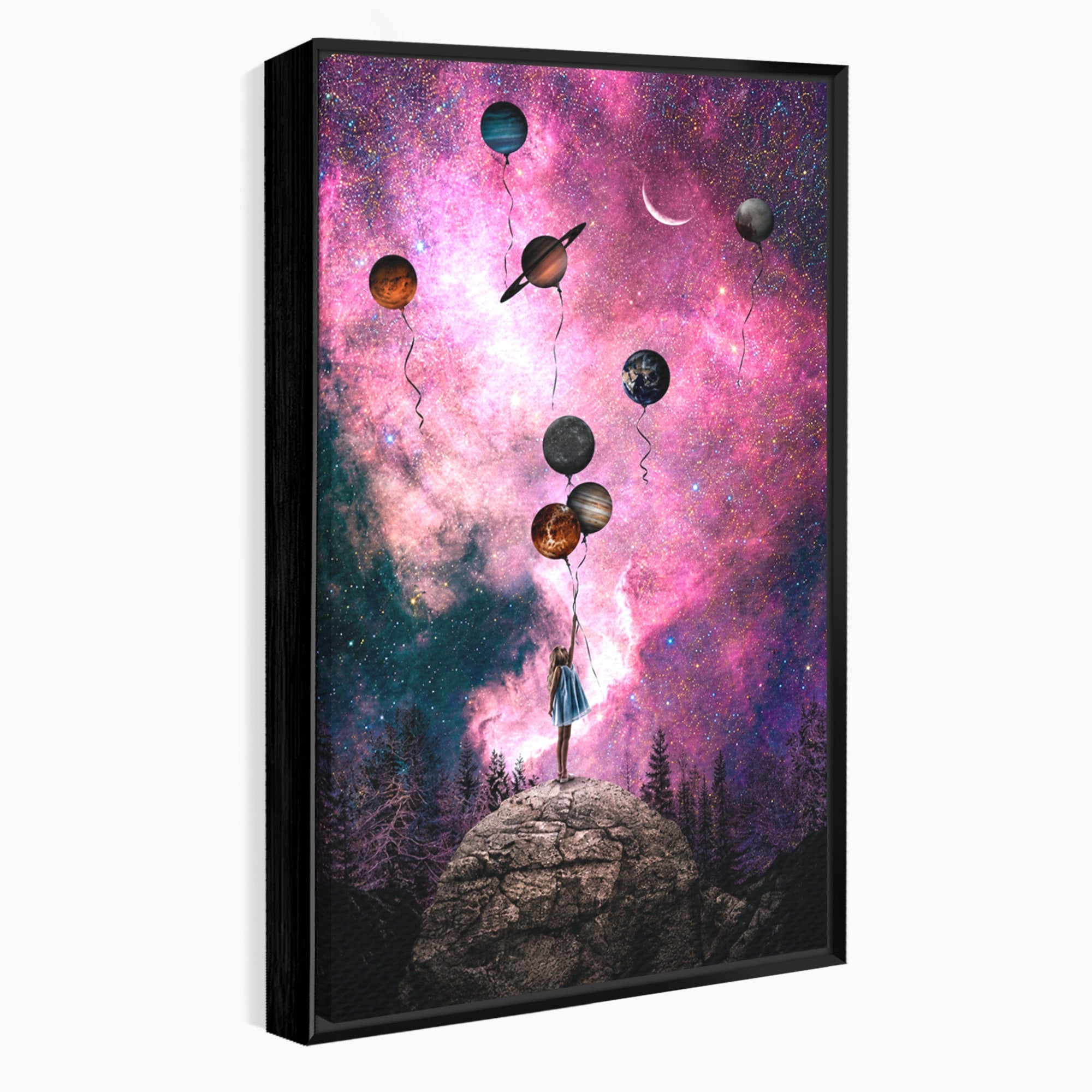 Tablou Canvas Premium LuxCanva® S1007, Fata Si Planetele, Fata, Planete, Univers, Visare, Dormitor, Culori Vibrante
