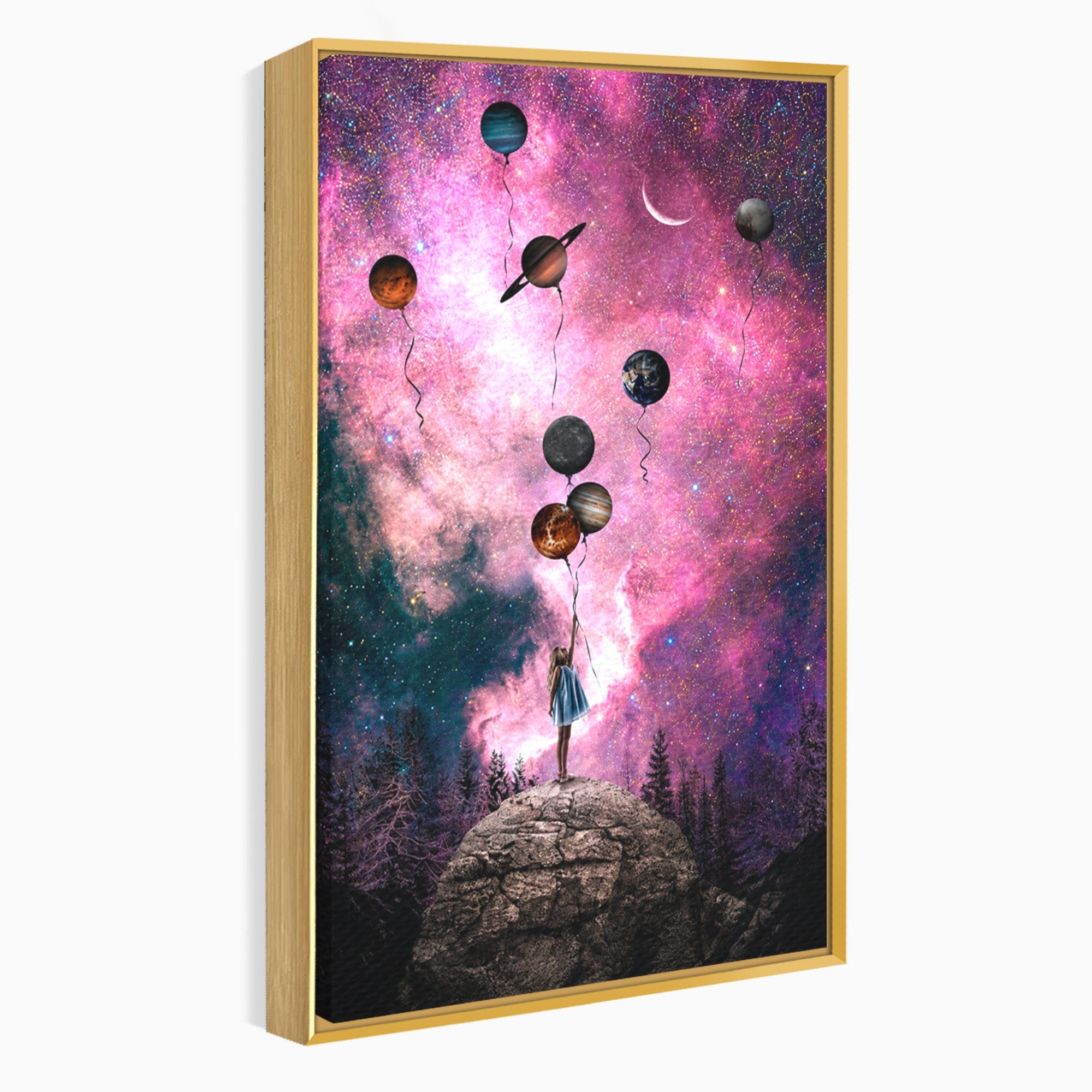 Tablou Canvas Premium LuxCanva® S1007, Fata Si Planetele, Fata, Planete, Univers, Visare, Dormitor, Culori Vibrante