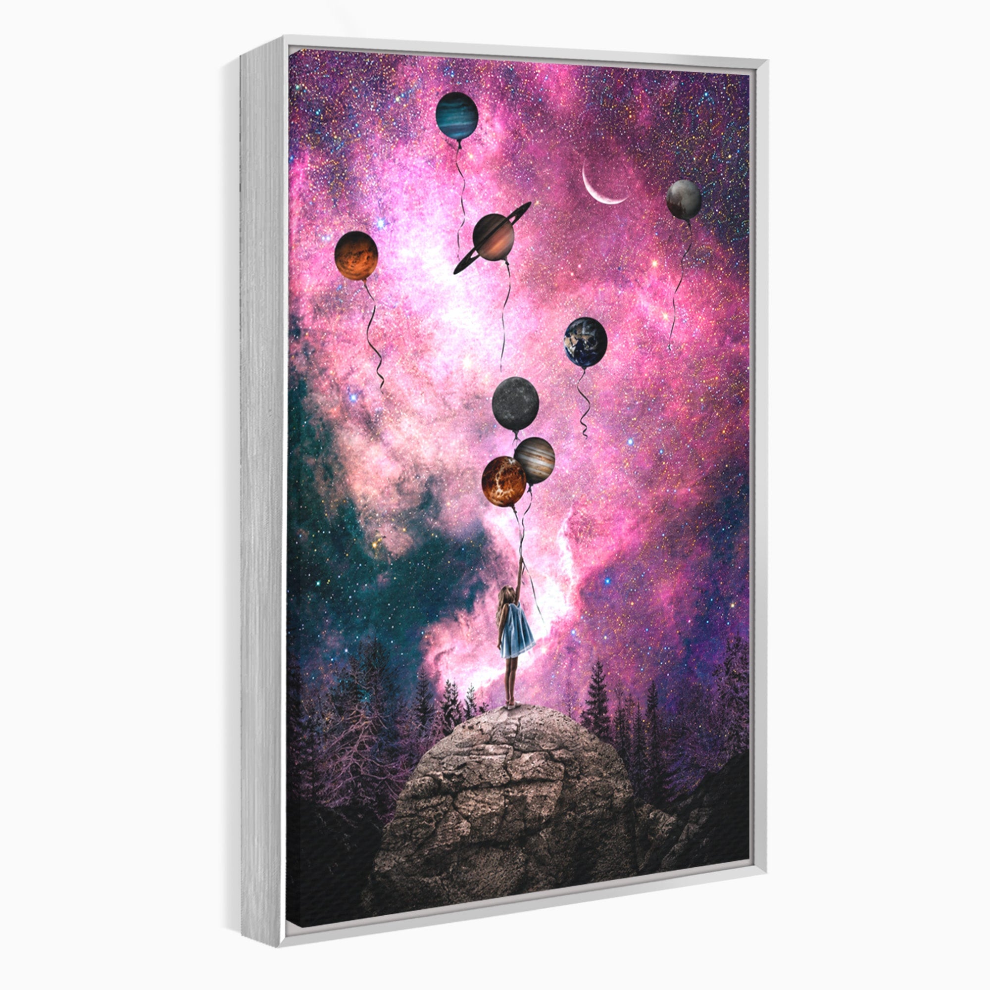 Tablou Canvas Premium LuxCanva® S1007, Fata Si Planetele, Fata, Planete, Univers, Visare, Dormitor, Culori Vibrante