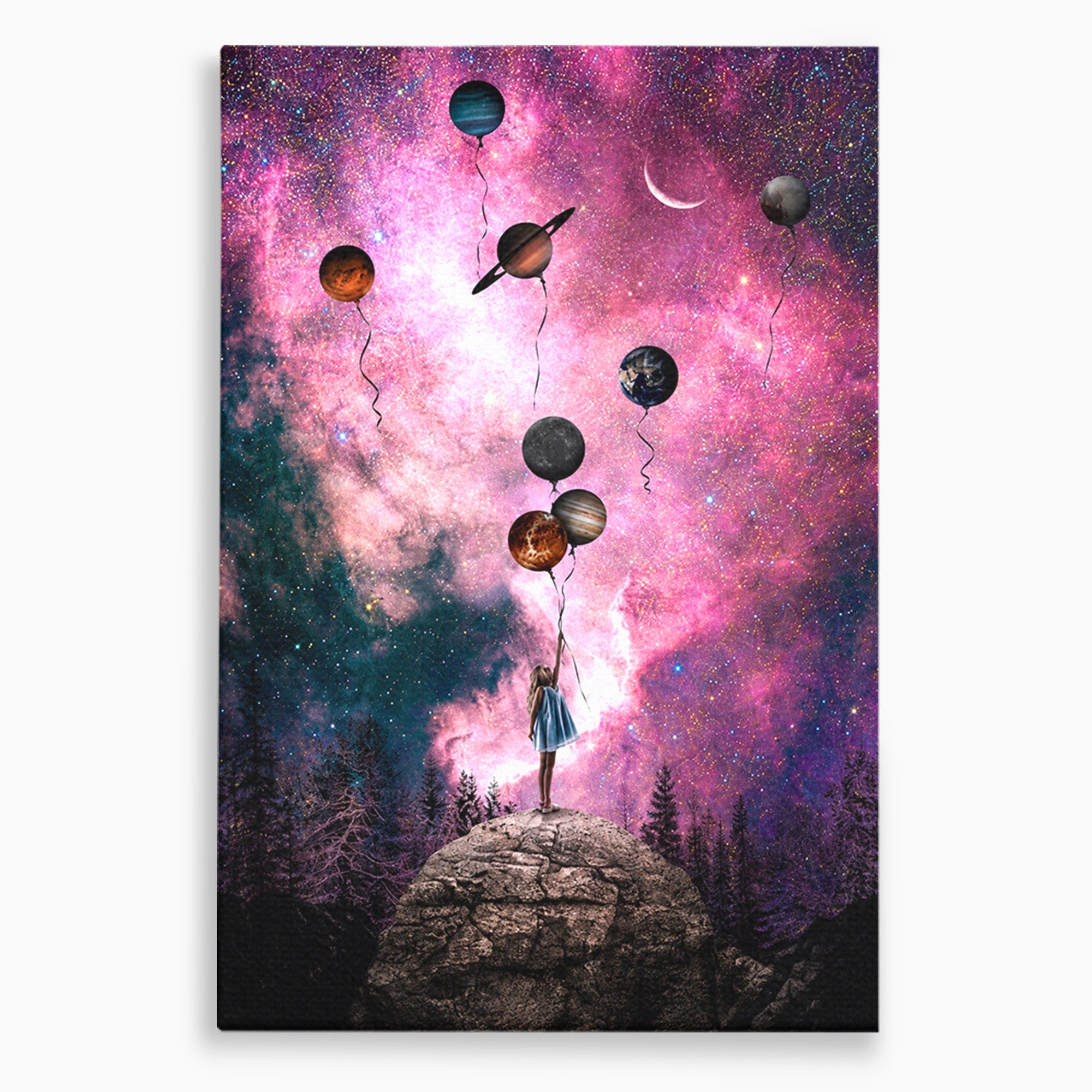 Tablou Canvas Premium LuxCanva® S1007, Fata Si Planetele, Fata, Planete, Univers, Visare, Dormitor, Culori Vibrante