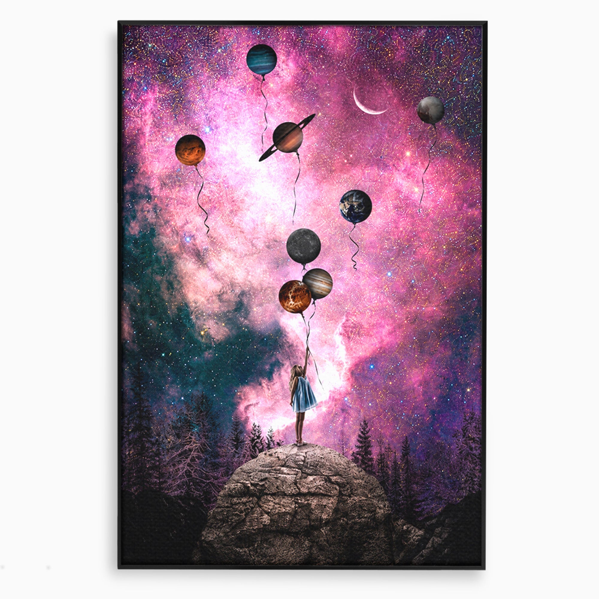 Tablou Canvas Premium LuxCanva® S1007, Fata Si Planetele, Fata, Planete, Univers, Visare, Dormitor, Culori Vibrante
