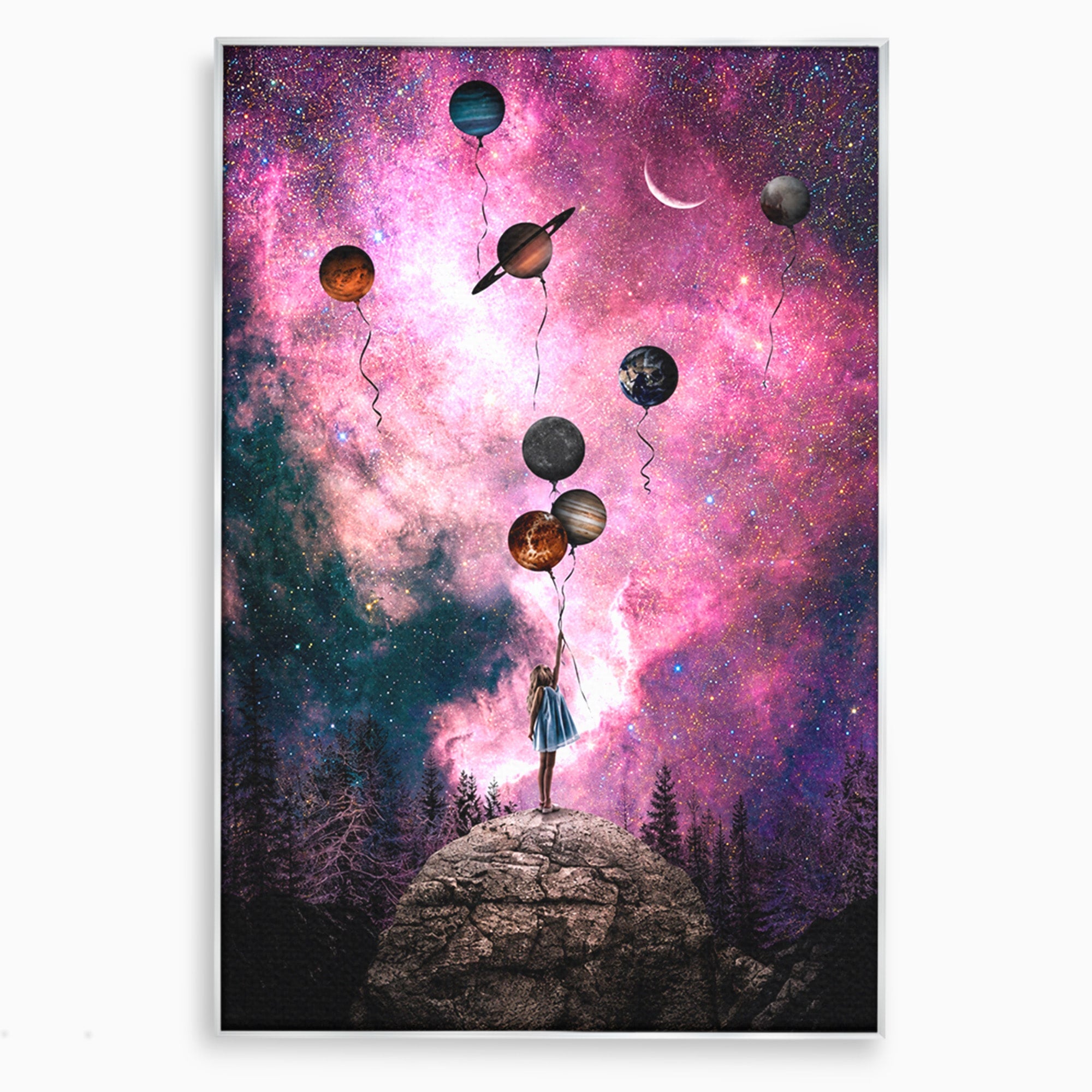 Tablou Canvas Premium LuxCanva® S1007, Fata Si Planetele, Fata, Planete, Univers, Visare, Dormitor, Culori Vibrante