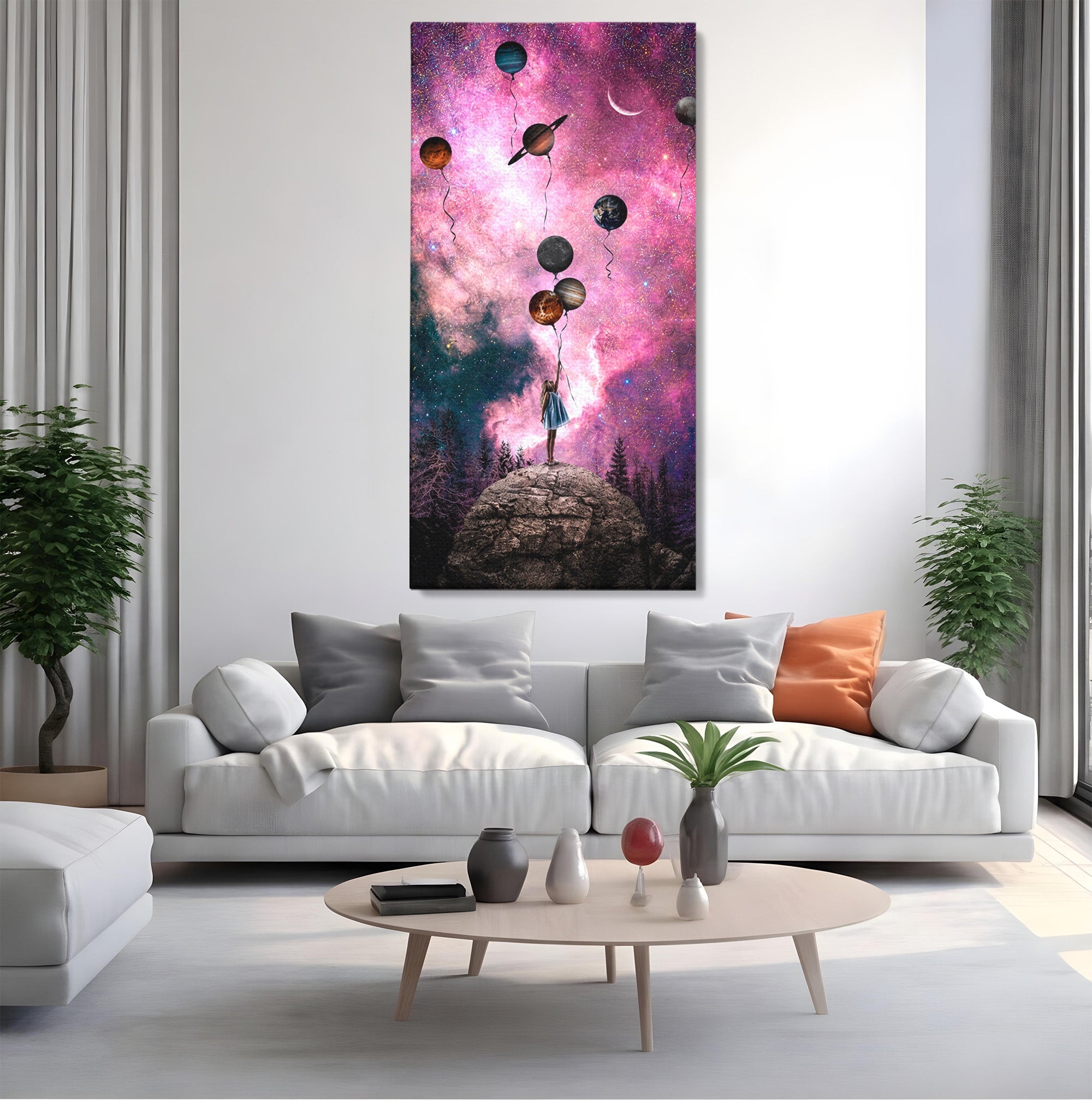 Tablou Canvas Premium LuxCanva® S1007, Fata Si Planetele, Fata, Planete, Univers, Visare, Dormitor, Culori Vibrante