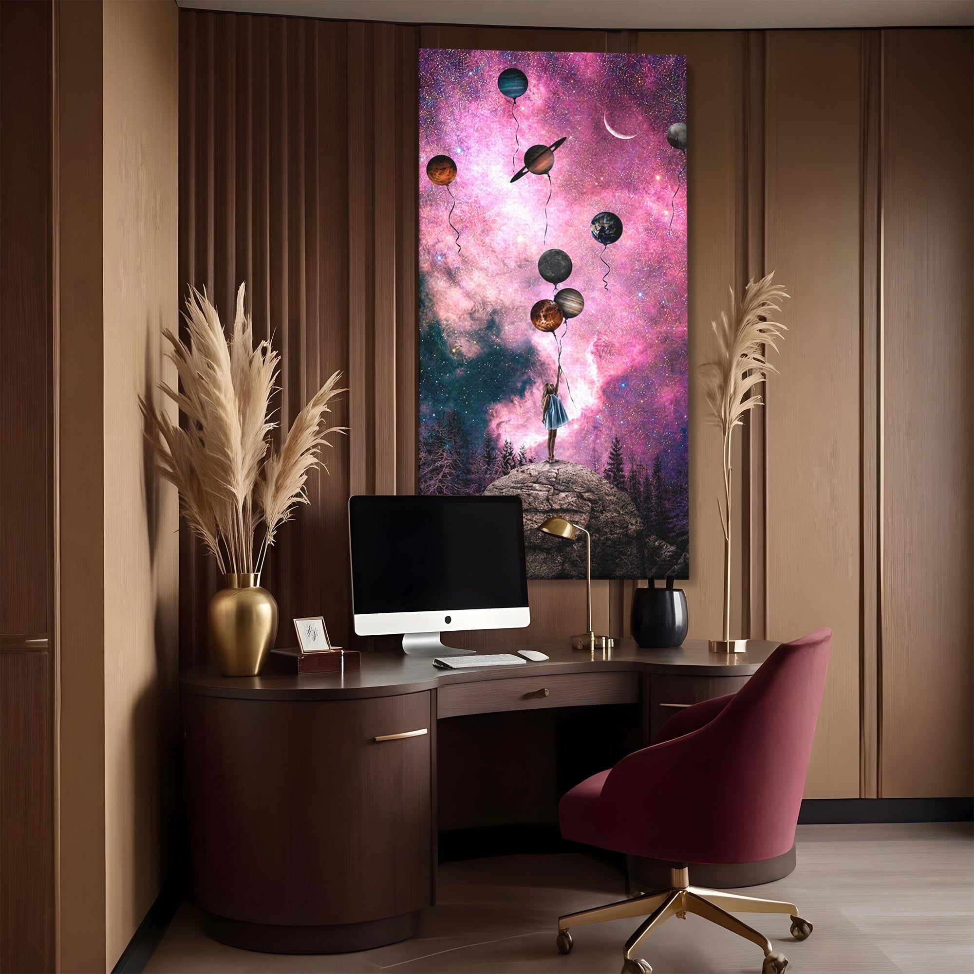 Tablou Canvas Premium LuxCanva® S1007, Fata Si Planetele, Fata, Planete, Univers, Visare, Dormitor, Culori Vibrante