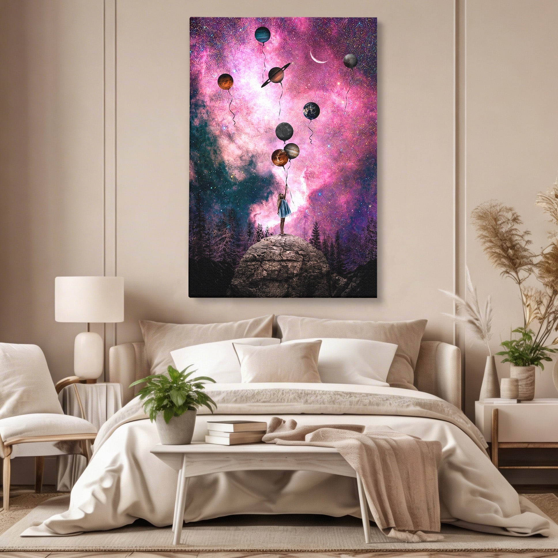 Tablou Canvas Premium LuxCanva® S1007, Fata Si Planetele, Fata, Planete, Univers, Visare, Dormitor, Culori Vibrante